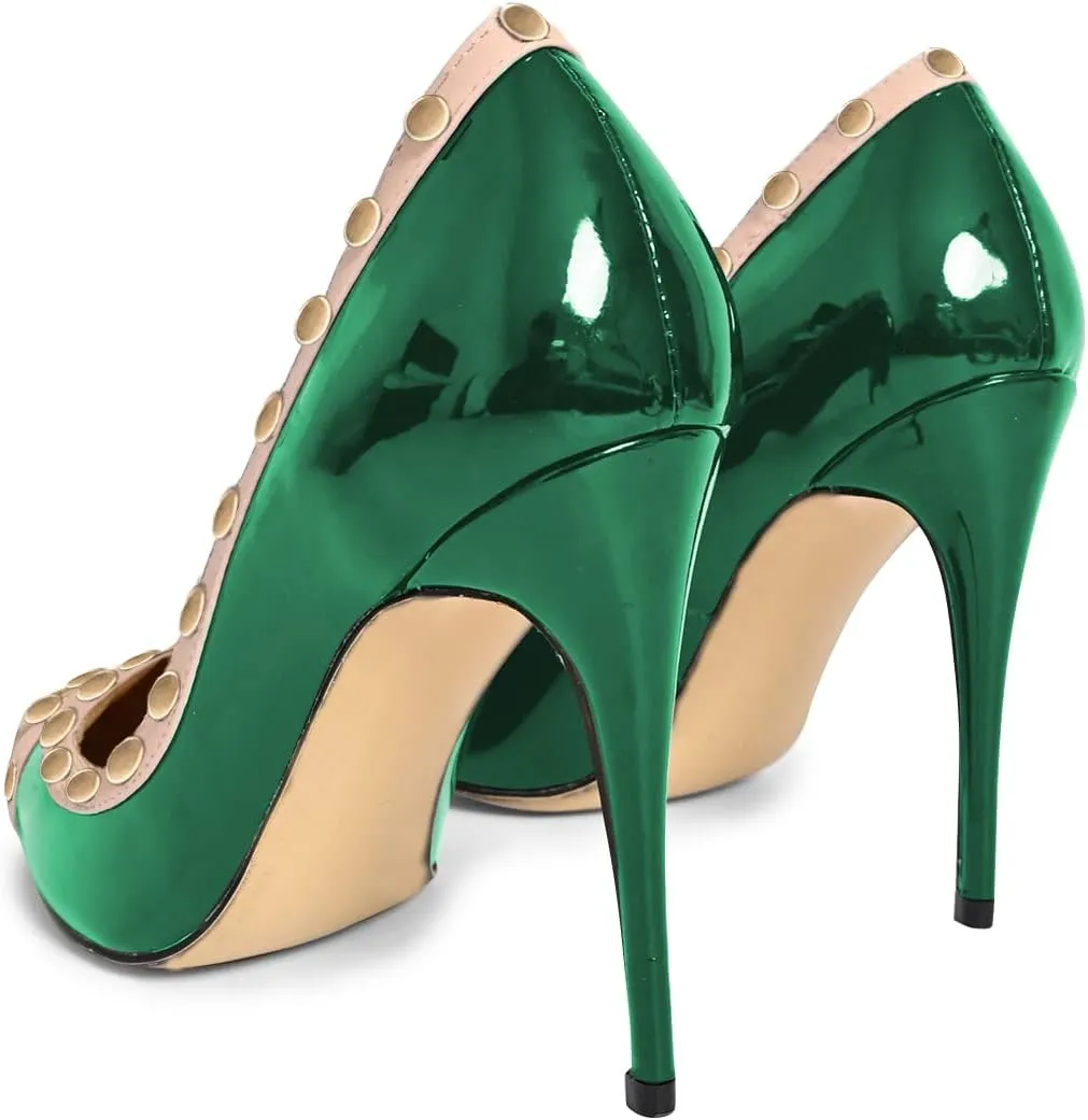 XYD Women's Pointed Cap Toe Stilettos Pumps with Rivets Studded Slip On Sparkly Patent High Heels Classic Party Dress Shoes