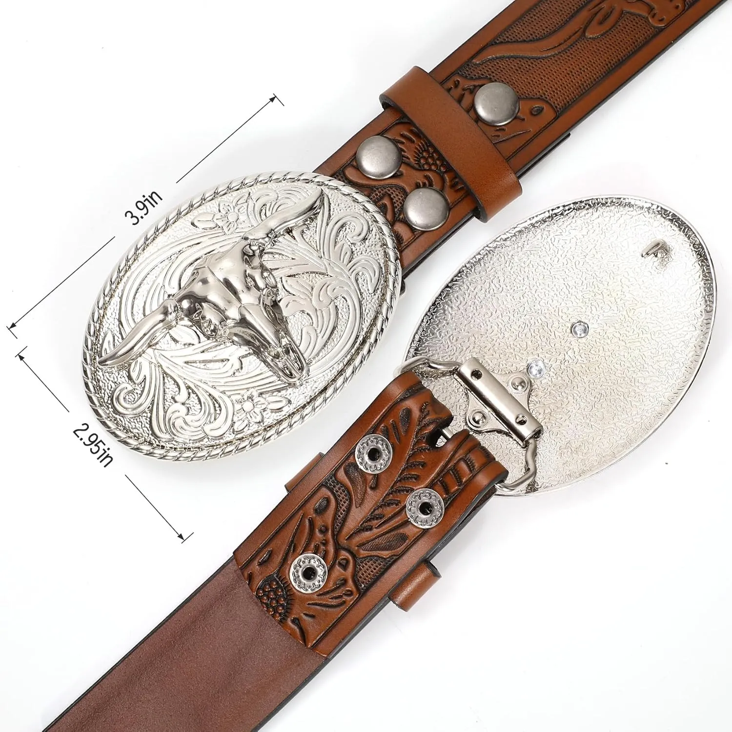 XZQTIVE Western Leather Belt for Men Women Cowgirl Cowboy Belt Country Belt Silver Buckle Tooled Leather Belt for Jeans