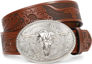 XZQTIVE Western Leather Belt for Men Women Cowgirl Cowboy Belt Country Belt Silver Buckle Tooled Leather Belt for Jeans