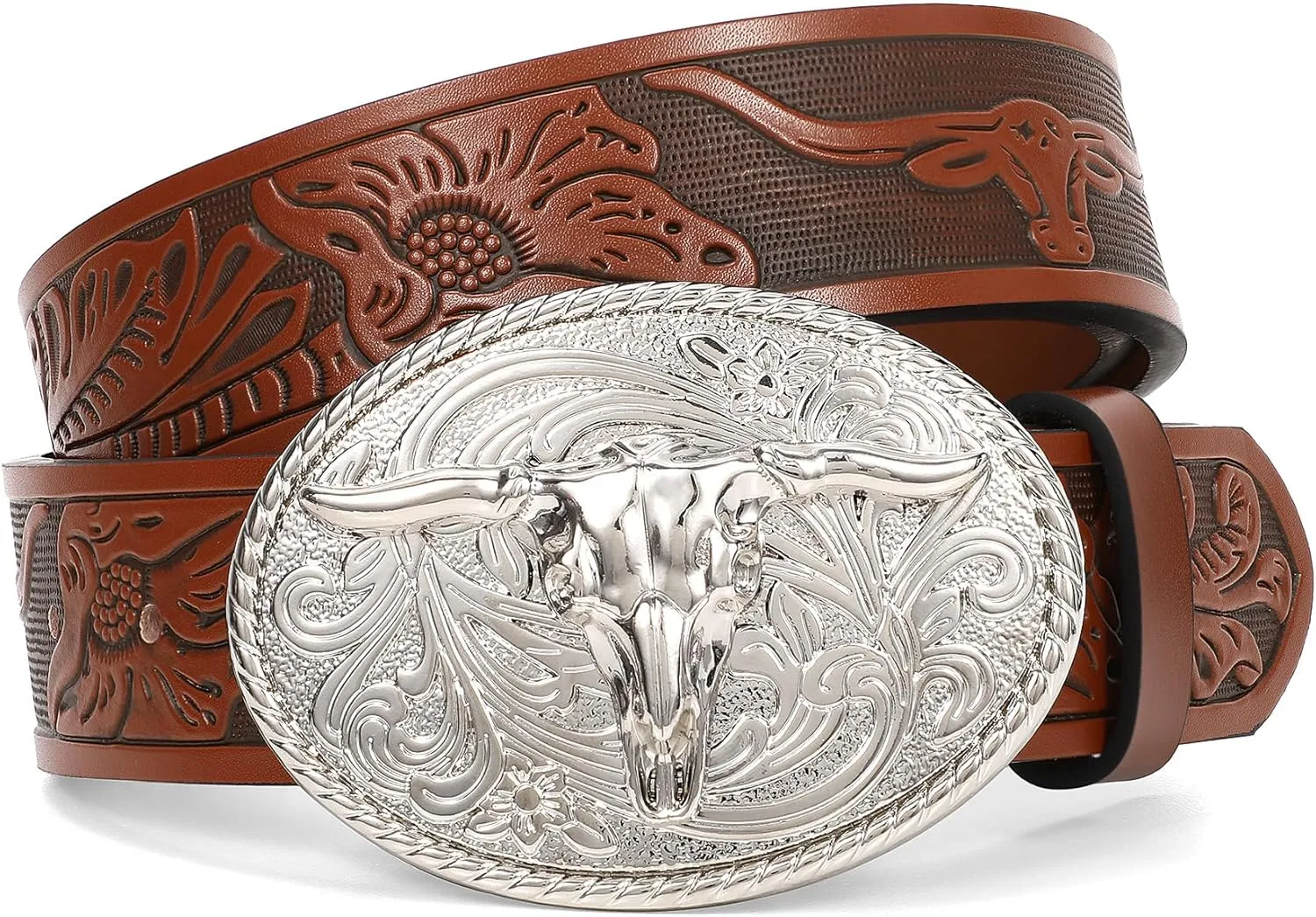 XZQTIVE Western Leather Belt for Men Women Cowgirl Cowboy Belt Country Belt Silver Buckle Tooled Leather Belt for Jeans