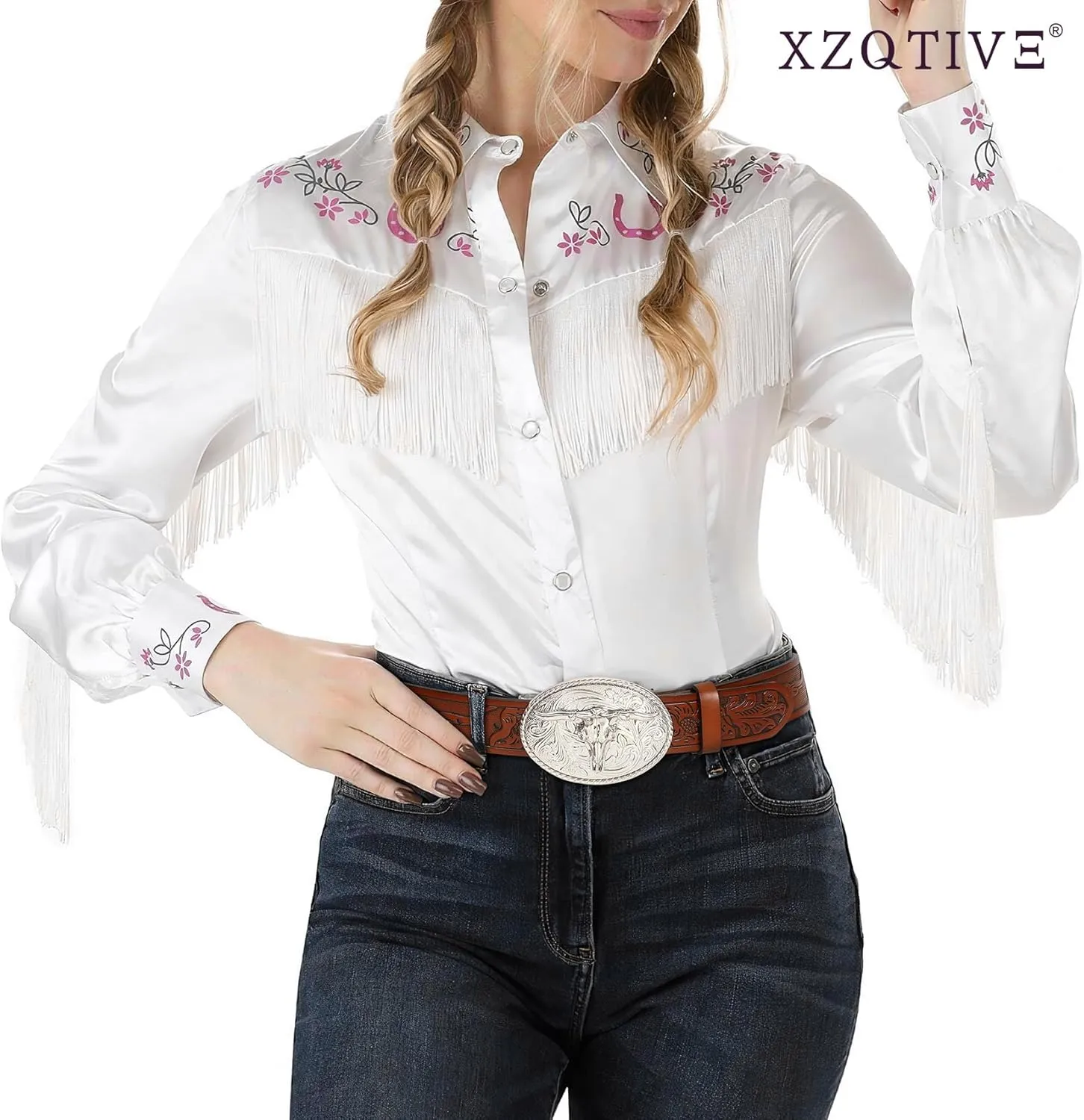 XZQTIVE Western Leather Belt for Men Women Cowgirl Cowboy Belt Country Belt Silver Buckle Tooled Leather Belt for Jeans