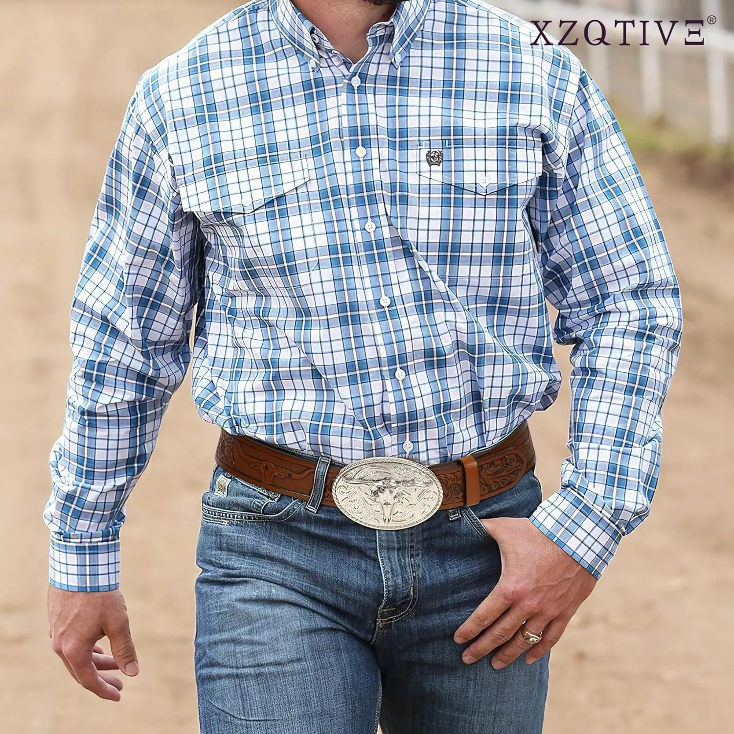 XZQTIVE Western Leather Belt for Men Women Cowgirl Cowboy Belt Country Belt Silver Buckle Tooled Leather Belt for Jeans