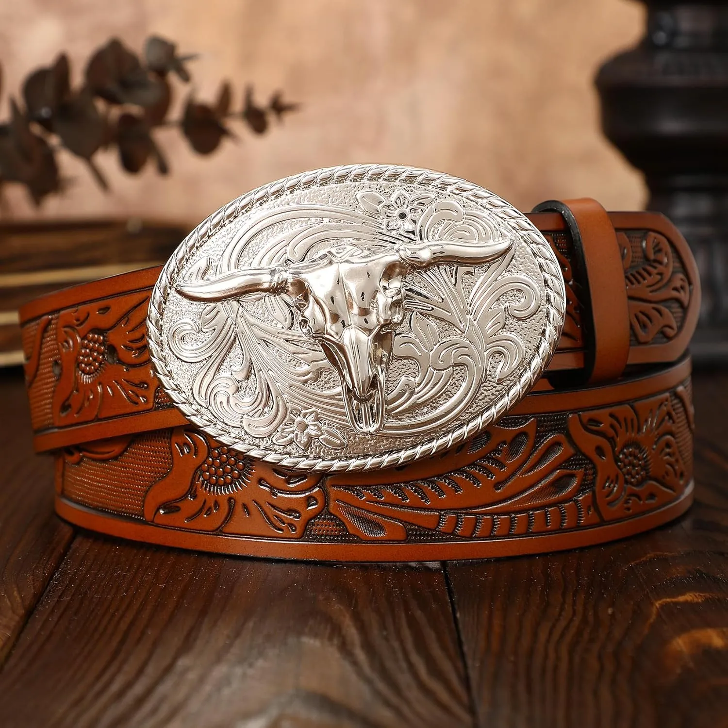 XZQTIVE Western Leather Belt for Men Women Cowgirl Cowboy Belt Country Belt Silver Buckle Tooled Leather Belt for Jeans