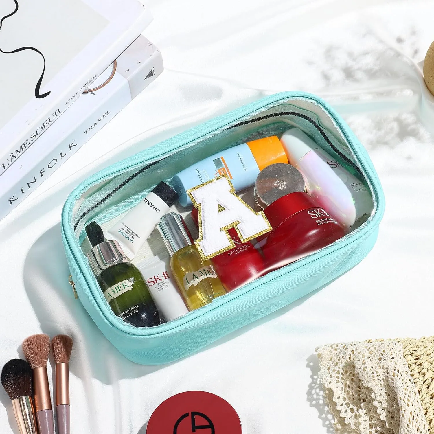 YOOLIFE Initial Clear Makeup Bag | Travel Clear Makeup Bag | Travel Beach Toiletry Bag | Car Organizer Essentials for Women | Waterproof Large Clear Travel Toiletry Bag | Teacher Birthday Gifts Blue K