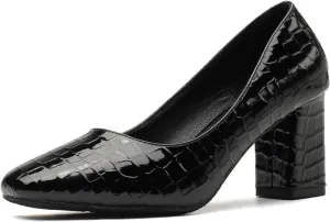 YooPrettyz Women Square Toe Dress Pumps Polished Leather Dress Block High Heels Embossed Office Shoes