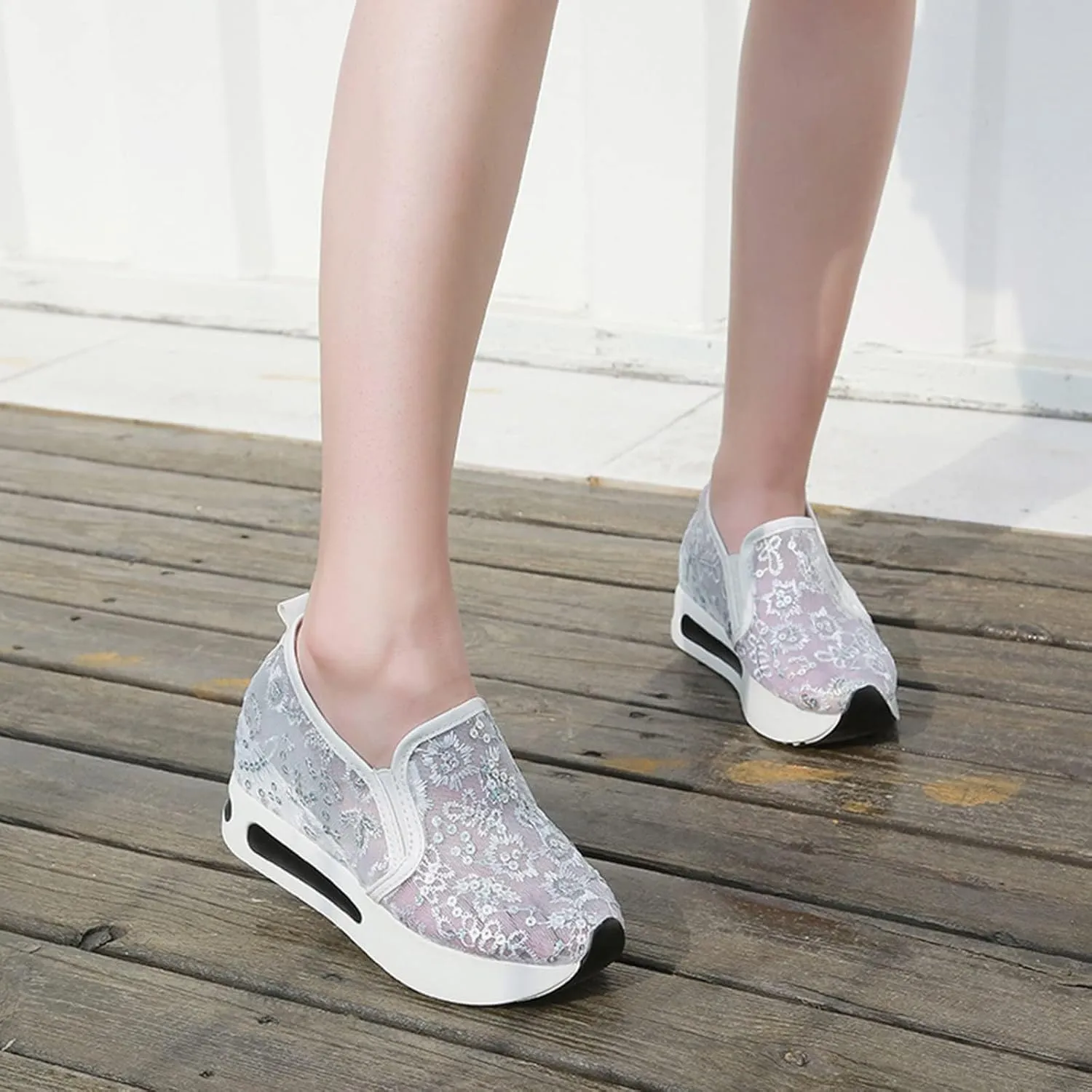 ZBYY Platform Wedge Sneakers for Women Mesh Air Comfort Chunky Hidden High Heels Slip On Loafers Breathable Walking Shoes