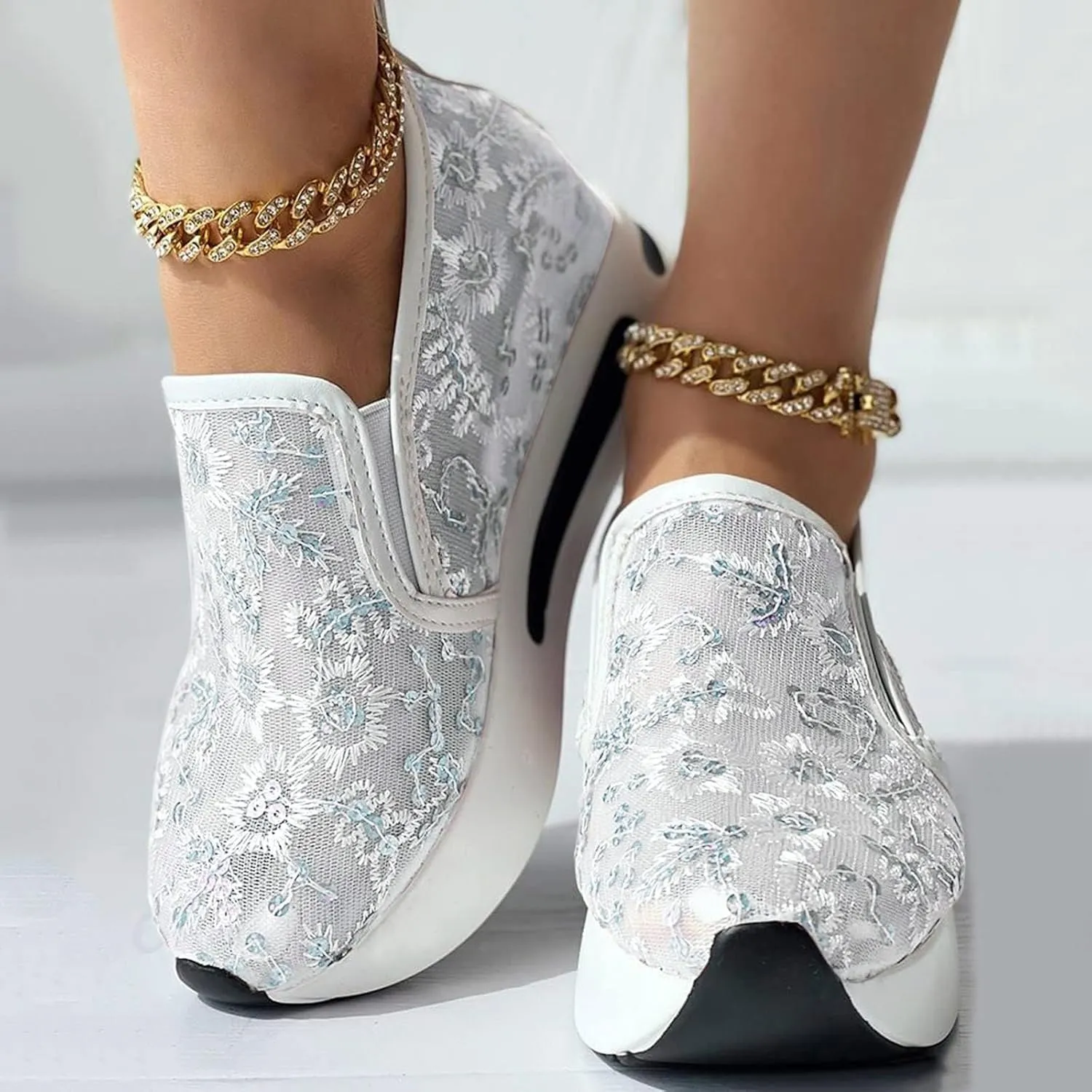 ZBYY Platform Wedge Sneakers for Women Mesh Air Comfort Chunky Hidden High Heels Slip On Loafers Breathable Walking Shoes