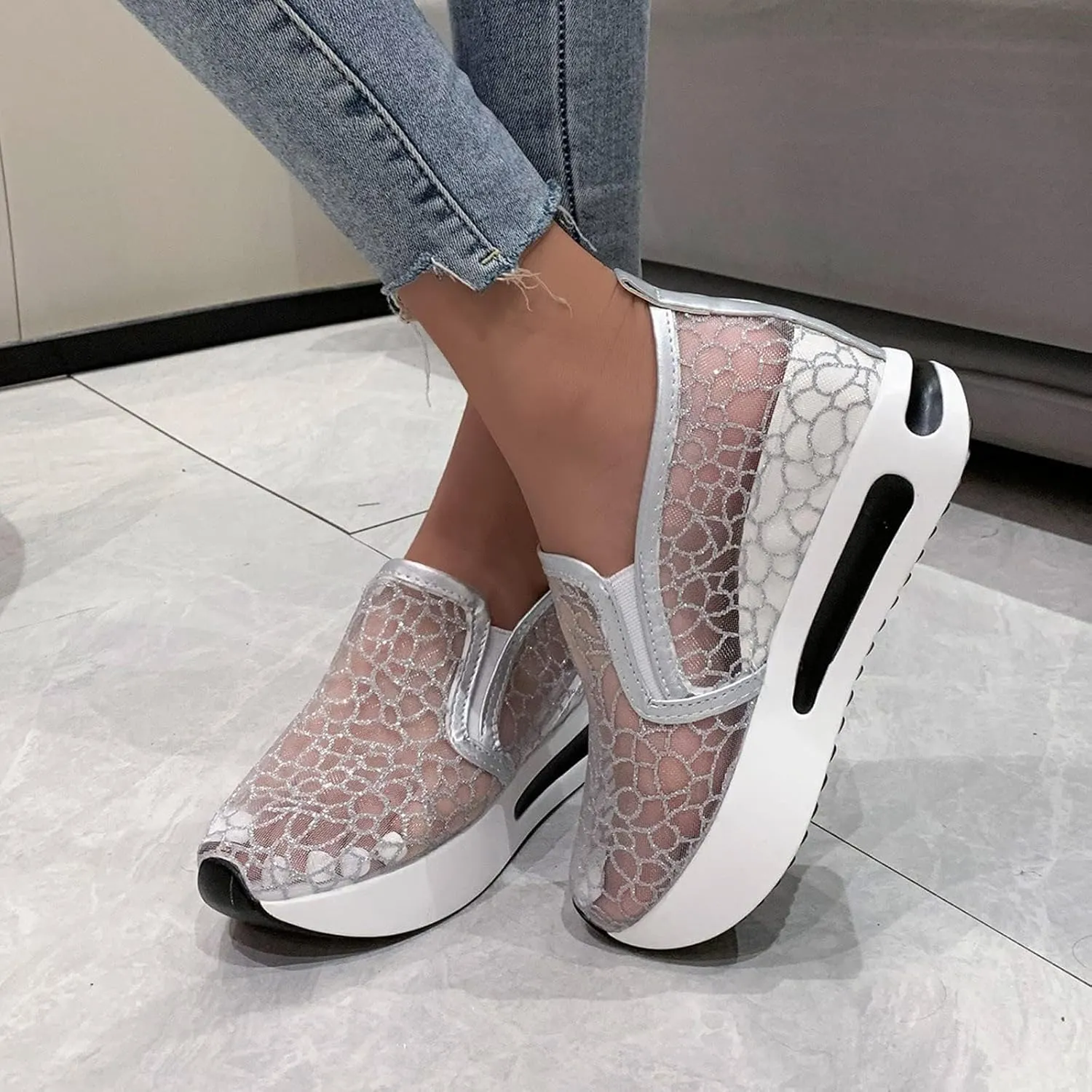 ZBYY Platform Wedge Sneakers for Women Mesh Comfort Chunky Hidden Wedge Slip On Loafers Breathable Walking Work Shoes