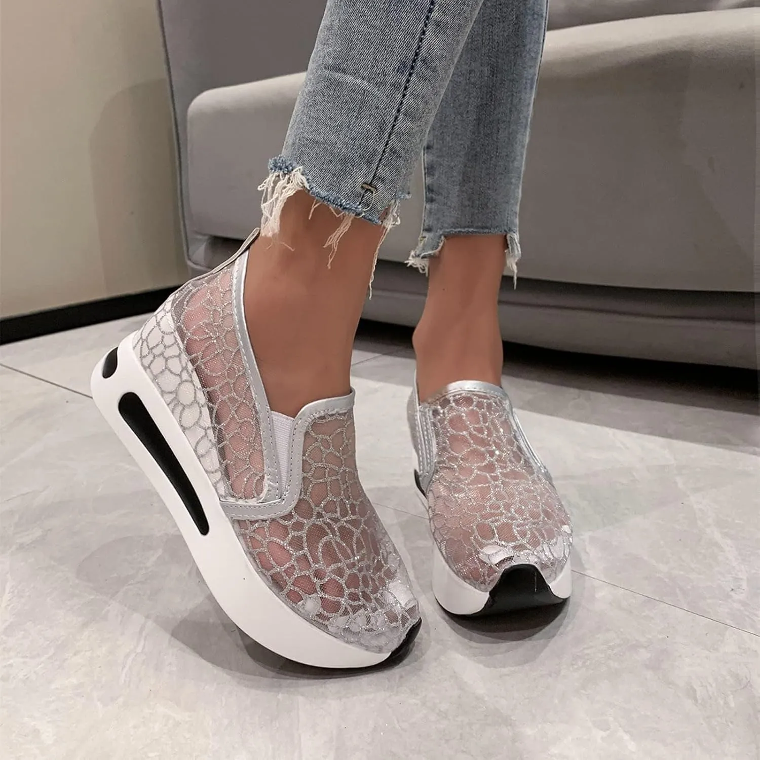 ZBYY Platform Wedge Sneakers for Women Mesh Comfort Chunky Hidden Wedge Slip On Loafers Breathable Walking Work Shoes