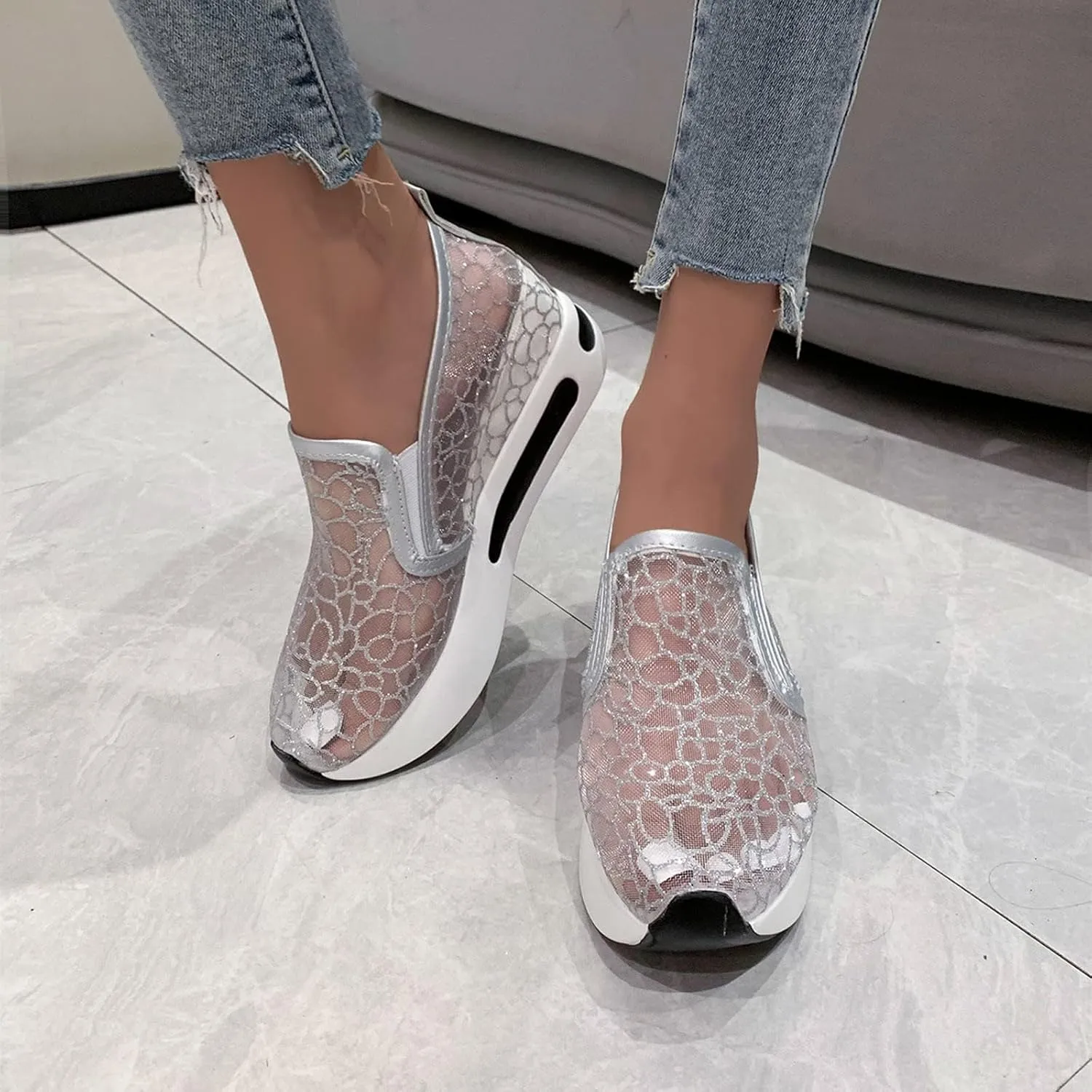 ZBYY Platform Wedge Sneakers for Women Mesh Comfort Chunky Hidden Wedge Slip On Loafers Breathable Walking Work Shoes
