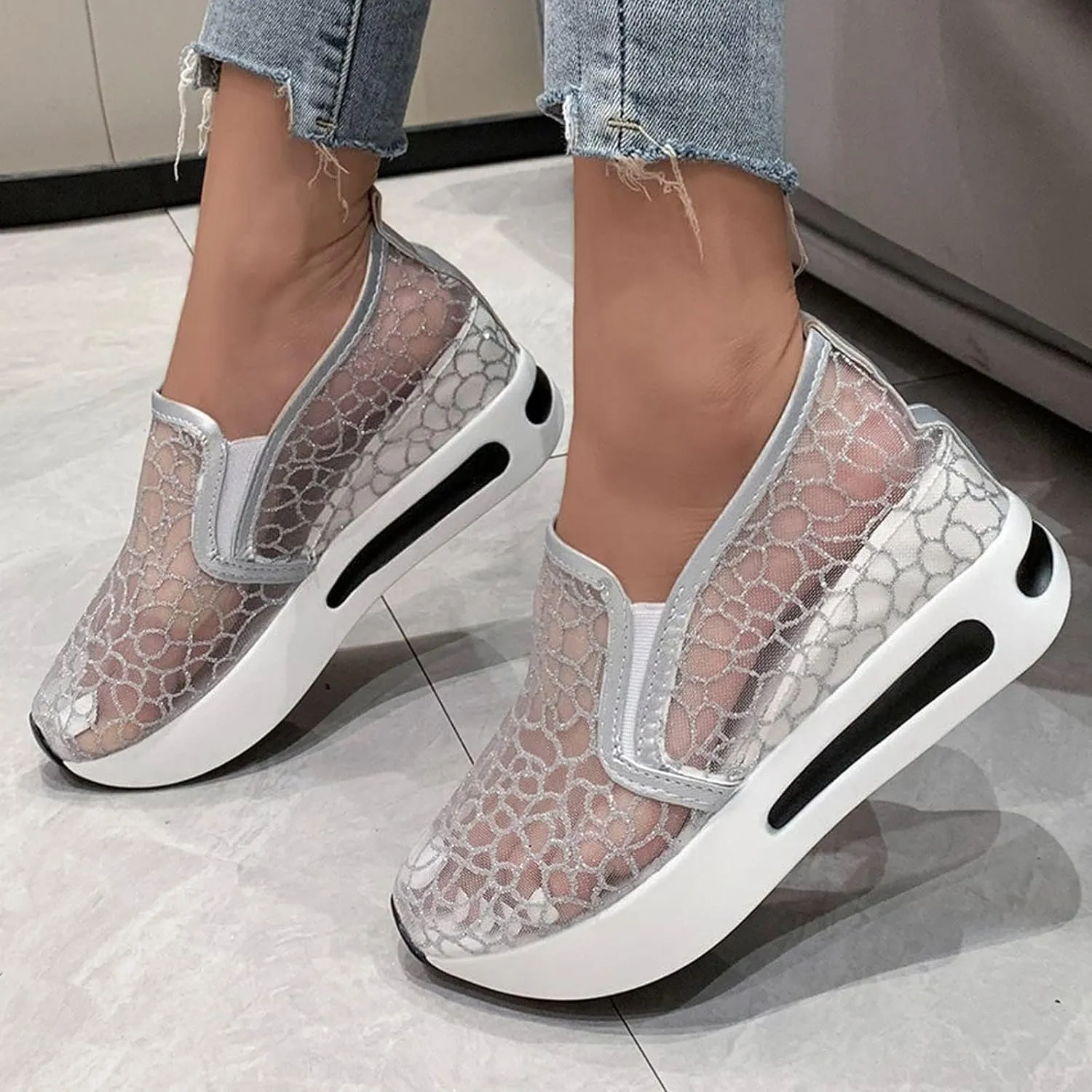 ZBYY Platform Wedge Sneakers for Women Mesh Comfort Chunky Hidden Wedge Slip On Loafers Breathable Walking Work Shoes