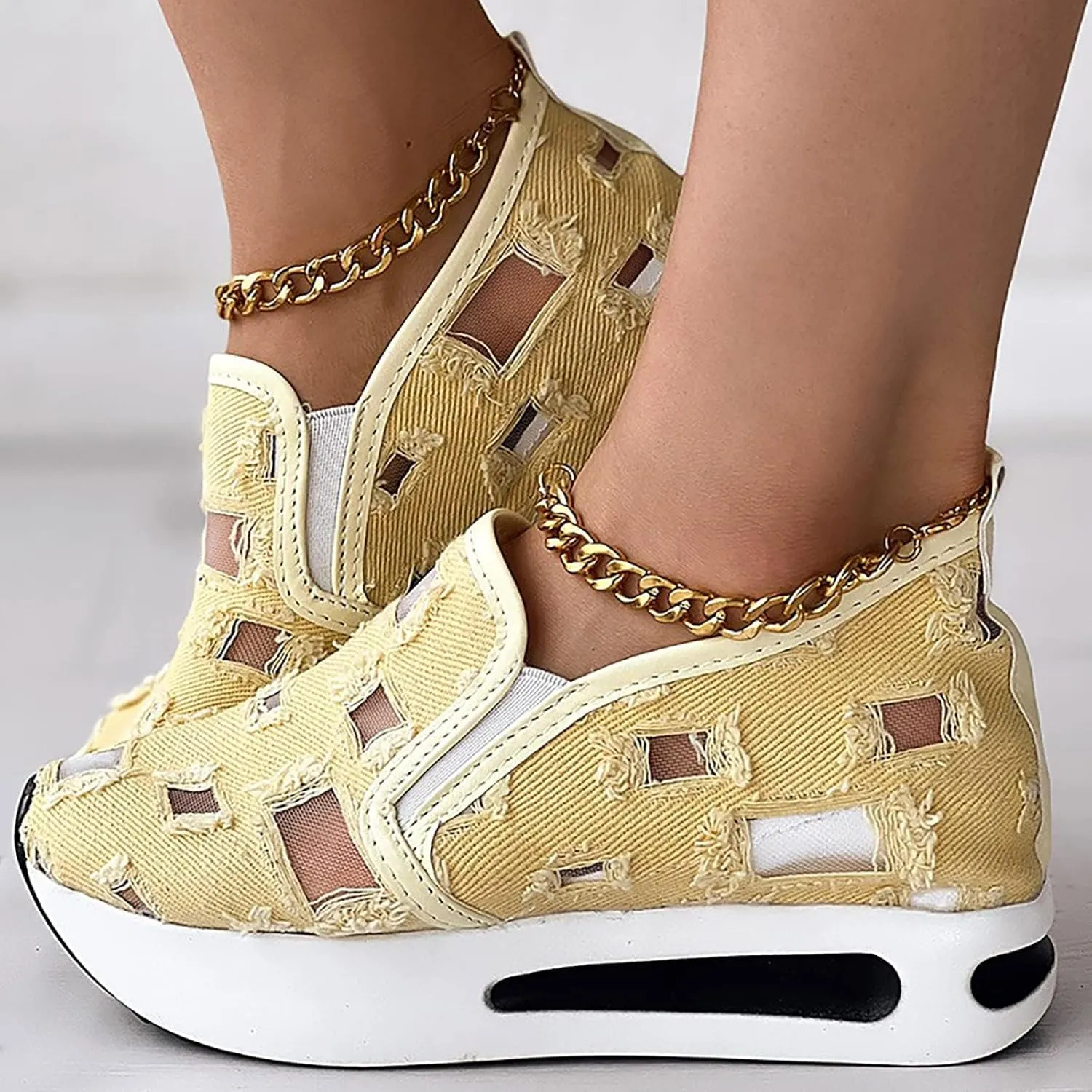 ZBYY Platform Wedge Sneakers for Women Mesh Comfort Chunky Sole Hidden High Heels Slip On Loafers Breathable Walking Shoes