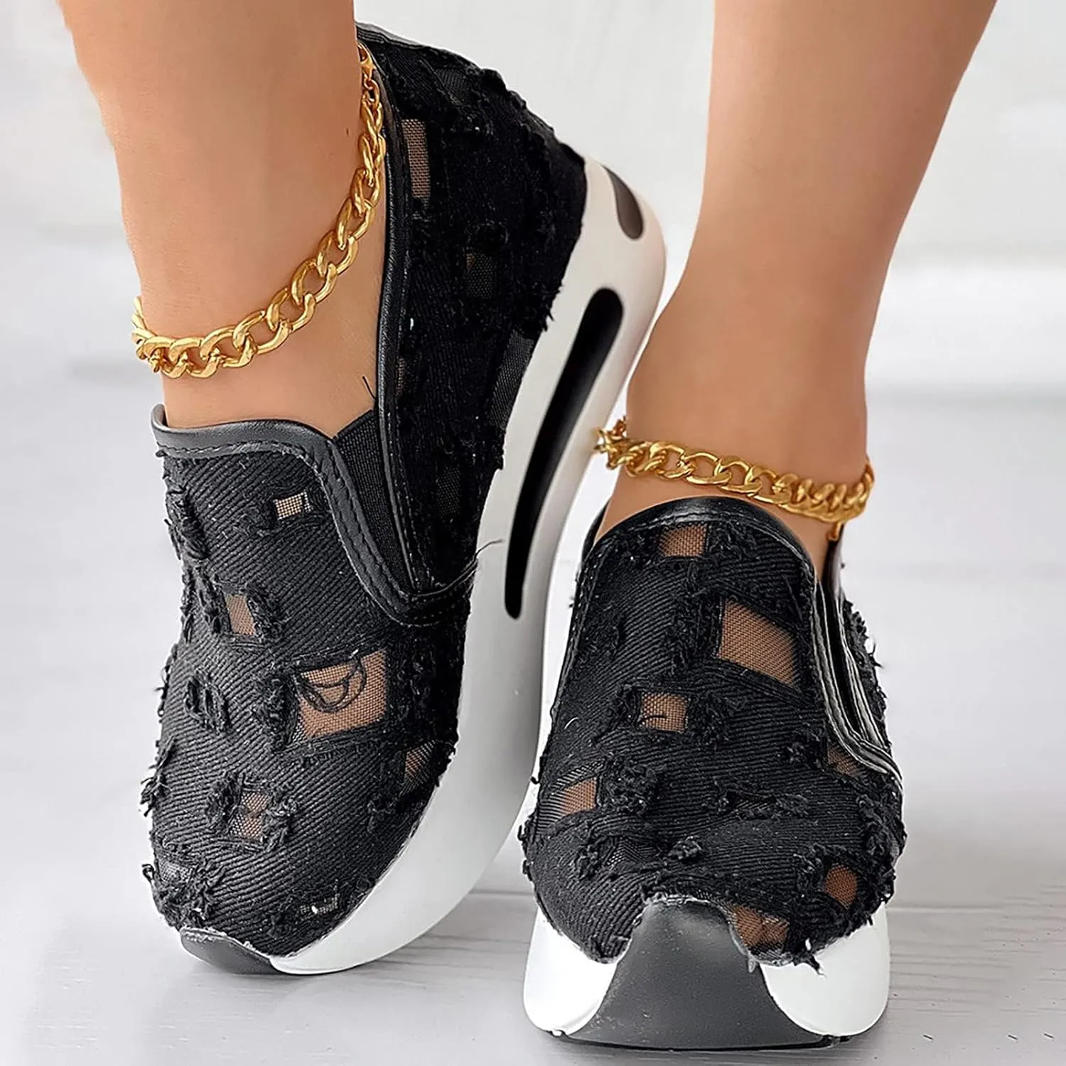 ZBYY Platform Wedge Sneakers for Women Mesh Comfort Chunky Sole Hidden High Heels Slip On Loafers Breathable Walking Shoes