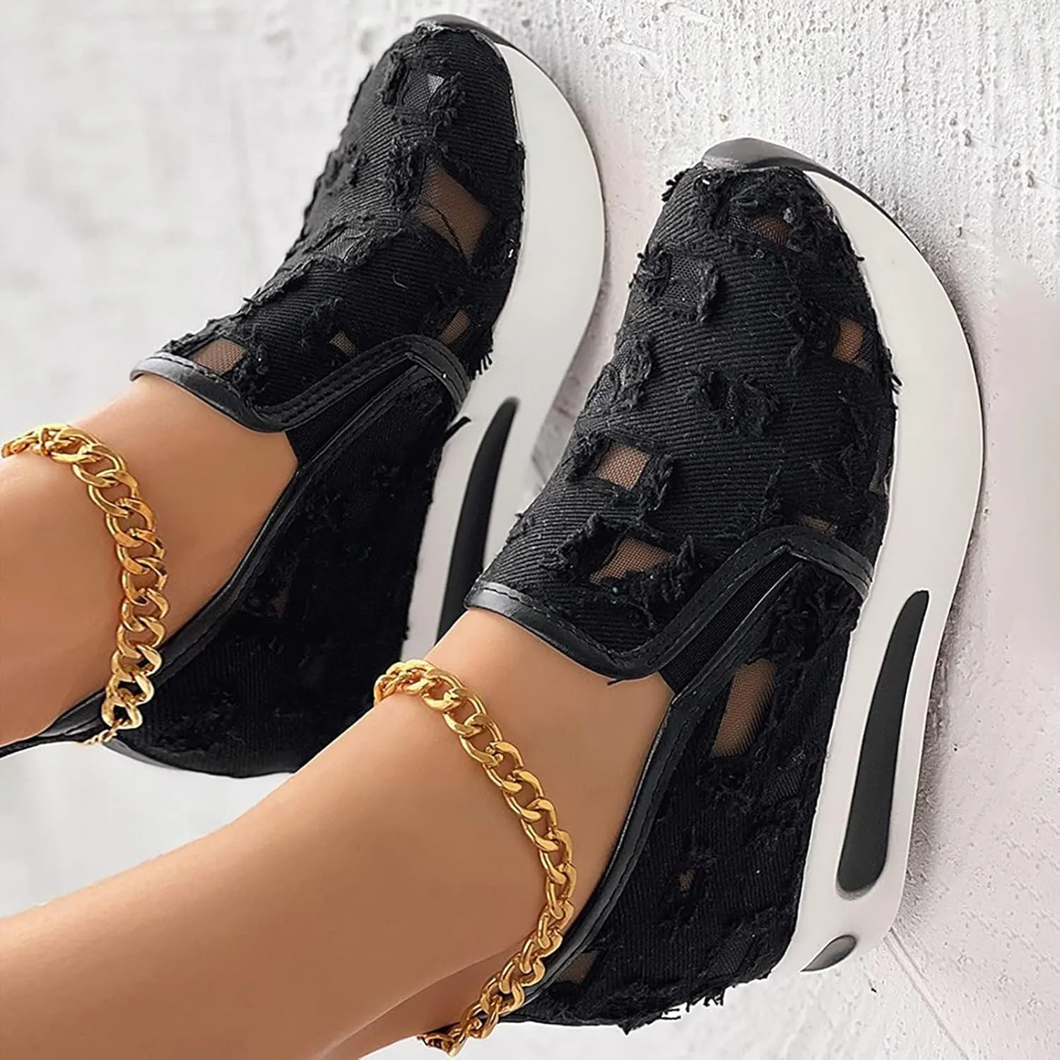 ZBYY Platform Wedge Sneakers for Women Mesh Comfort Chunky Sole Hidden High Heels Slip On Loafers Breathable Walking Shoes
