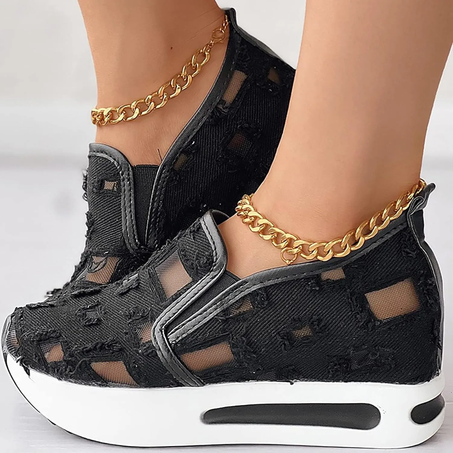 ZBYY Platform Wedge Sneakers for Women Mesh Comfort Chunky Sole Hidden High Heels Slip On Loafers Breathable Walking Shoes