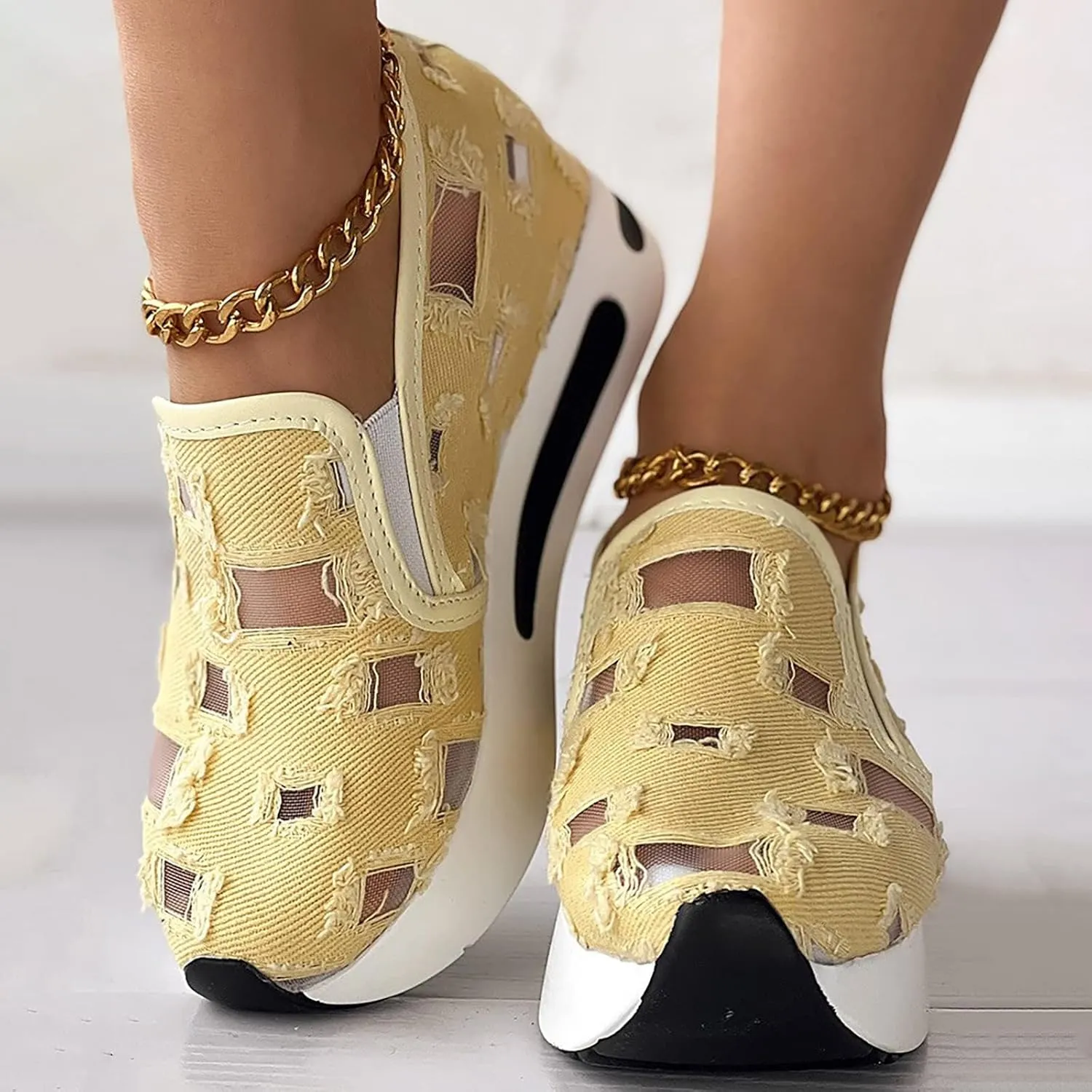 ZBYY Platform Wedge Sneakers for Women Mesh Comfort Chunky Sole Hidden High Heels Slip On Loafers Breathable Walking Shoes