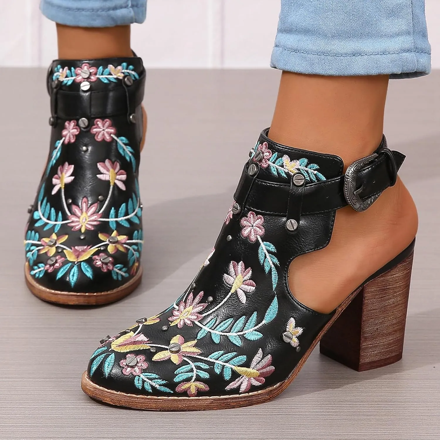 ZBYY Women Studded Chunky Block Heel Sandals Embroidered Ankle Strap Buckle Sandals Closed Toe Rivets Wedding Dress Shoes