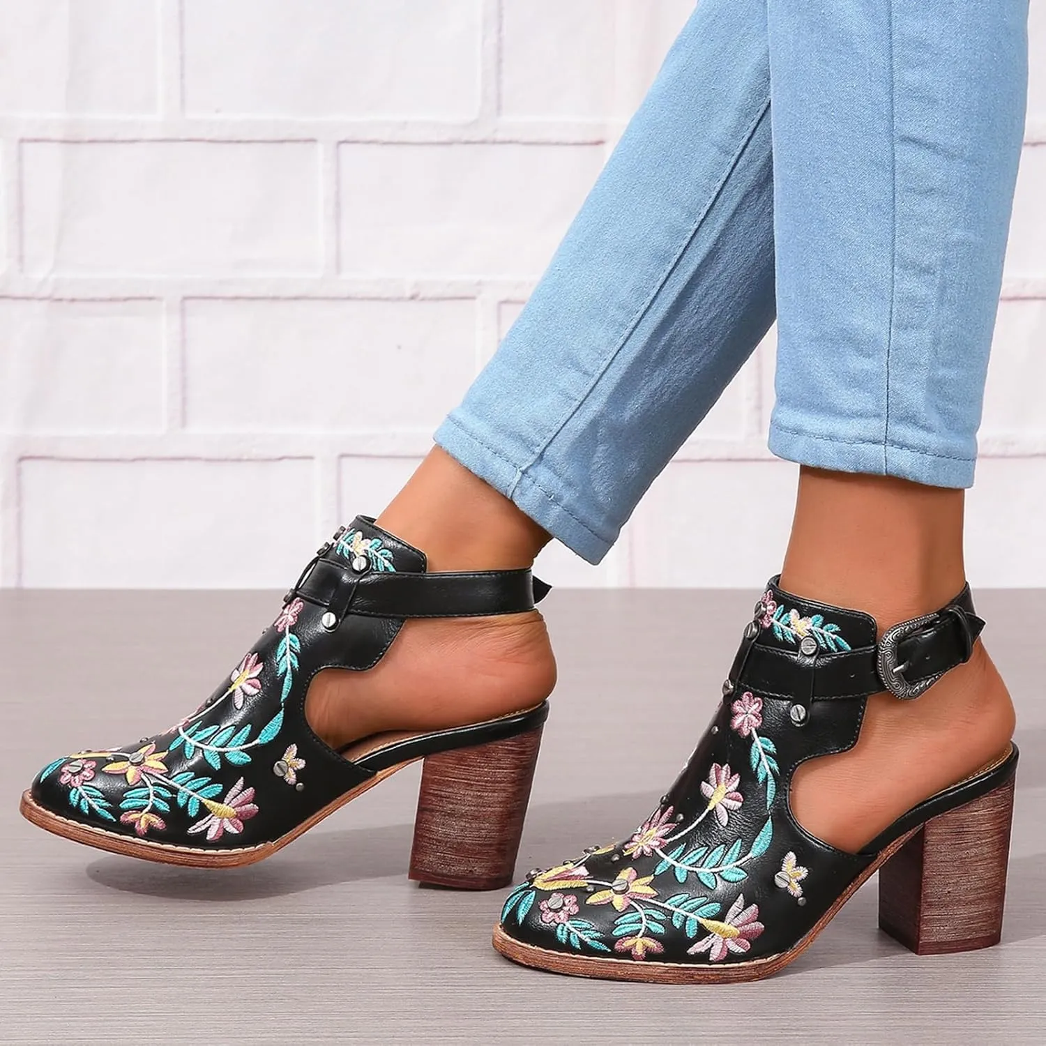 ZBYY Women Studded Chunky Block Heel Sandals Embroidered Ankle Strap Buckle Sandals Closed Toe Rivets Wedding Dress Shoes