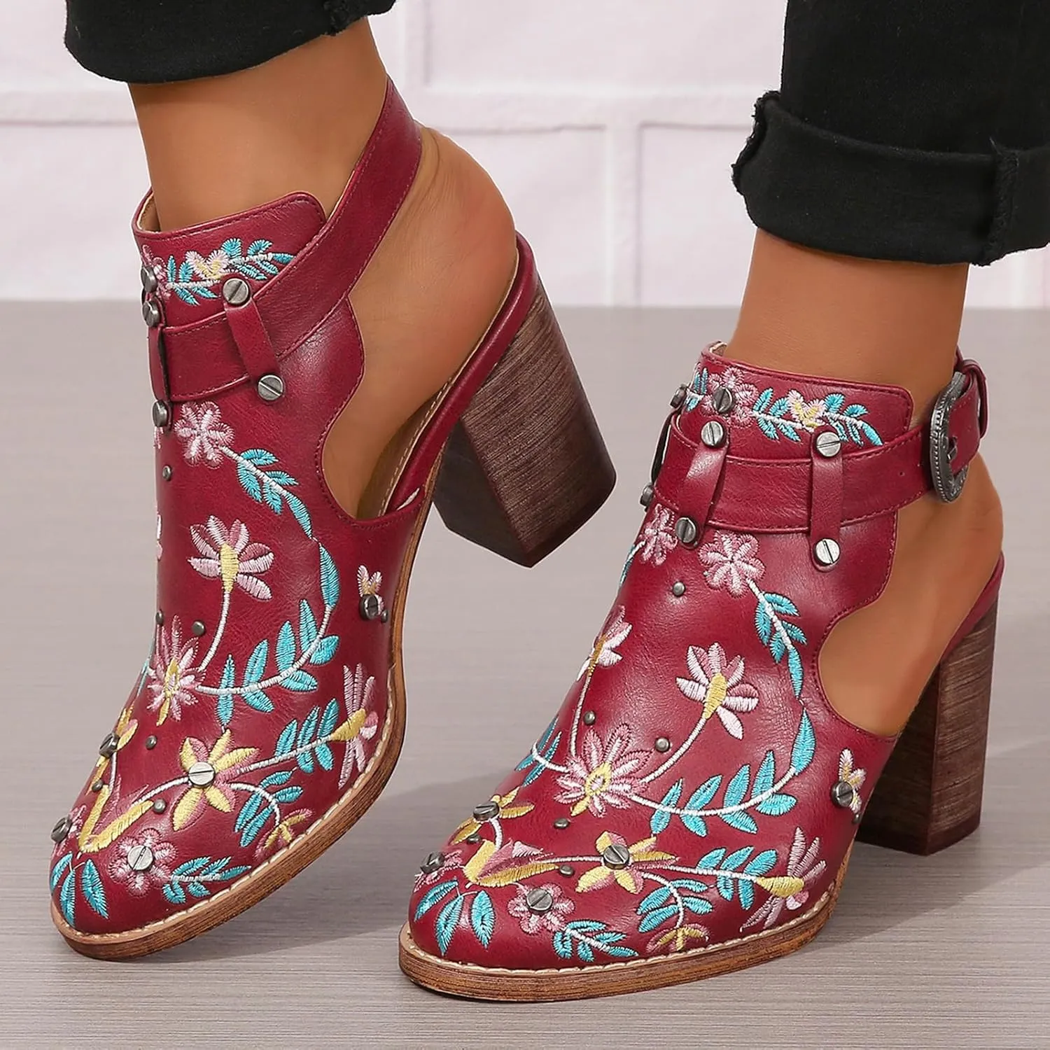 ZBYY Women Studded Chunky Block Heel Sandals Embroidered Ankle Strap Buckle Sandals Closed Toe Rivets Wedding Dress Shoes