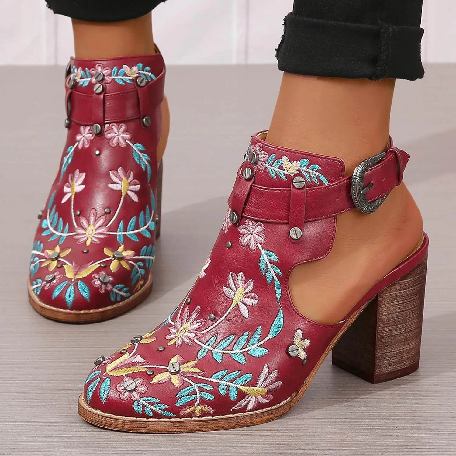 ZBYY Women Studded Chunky Block Heel Sandals Embroidered Ankle Strap Buckle Sandals Closed Toe Rivets Wedding Dress Shoes