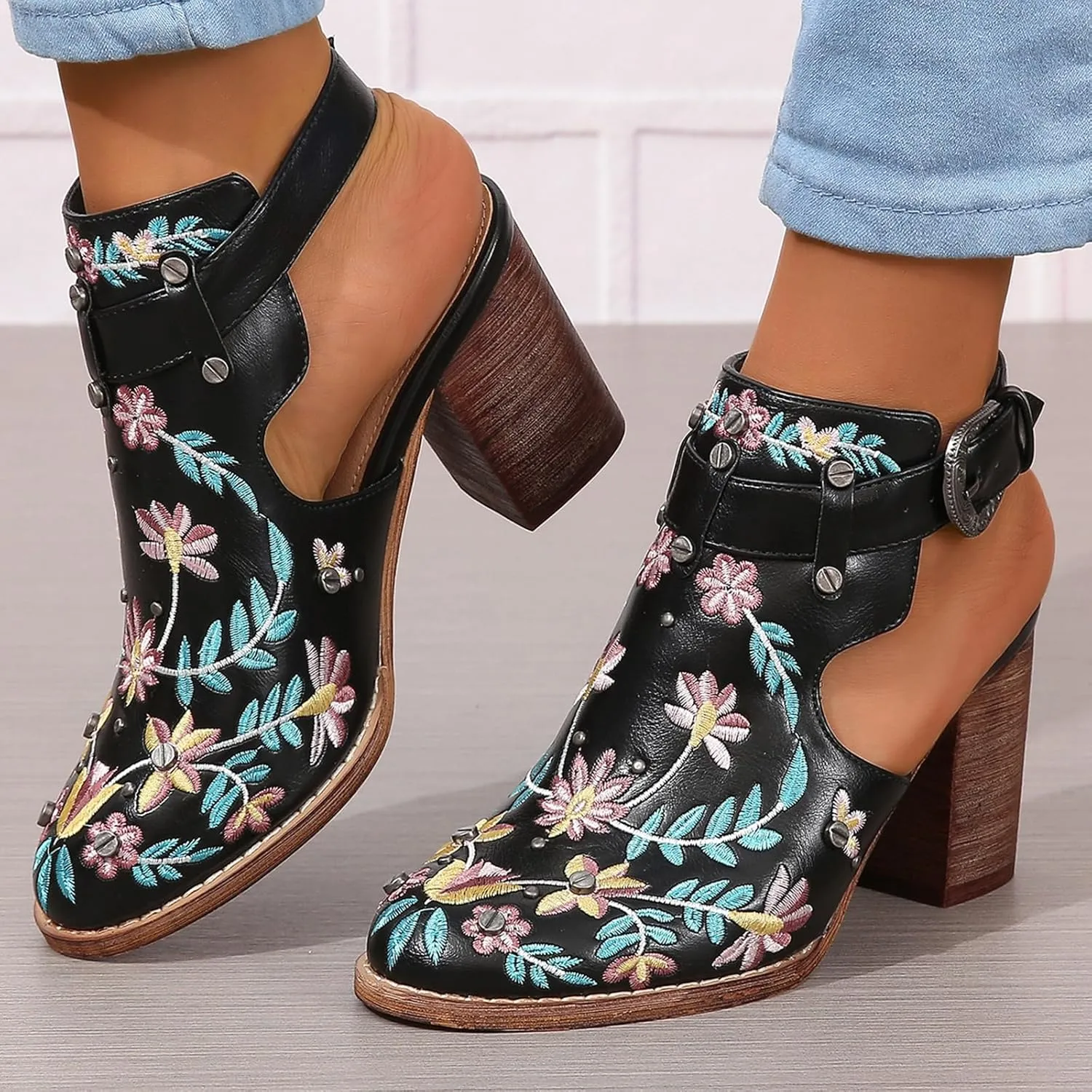 ZBYY Women Studded Chunky Block Heel Sandals Embroidered Ankle Strap Buckle Sandals Closed Toe Rivets Wedding Dress Shoes