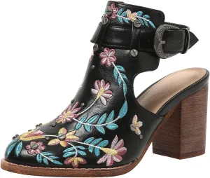 ZBYY Women Studded Chunky Block Heel Sandals Embroidered Ankle Strap Buckle Sandals Closed Toe Rivets Wedding Dress Shoes