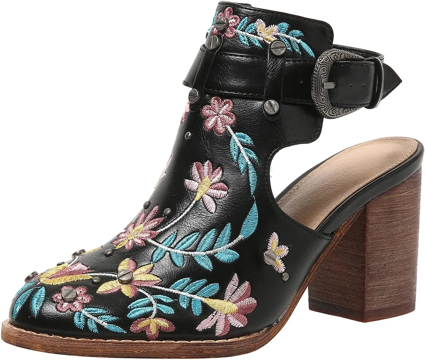 ZBYY Women Studded Chunky Block Heel Sandals Embroidered Ankle Strap Buckle Sandals Closed Toe Rivets Wedding Dress Shoes