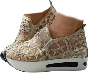 ZBYY Womens Breathable Loafers,Sequins Mesh Platform Shoes Hidden Wedge Heel High Top Sparkly Casual Sneakers Dressy