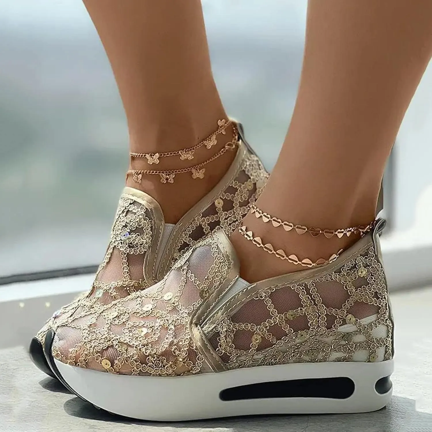 ZBYY Womens Breathable Loafers,Sequins Mesh Platform Shoes Hidden Wedge Heel High Top Sparkly Casual Sneakers Dressy