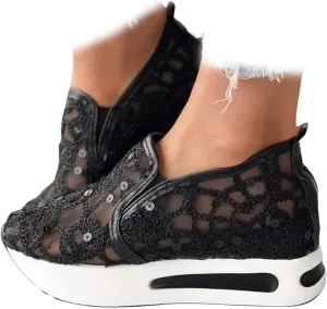 ZBYY Womens Breathable Loafers,Sequins Mesh Platform Shoes Hidden Wedge Heel High Top Sparkly Casual Sneakers Dressy