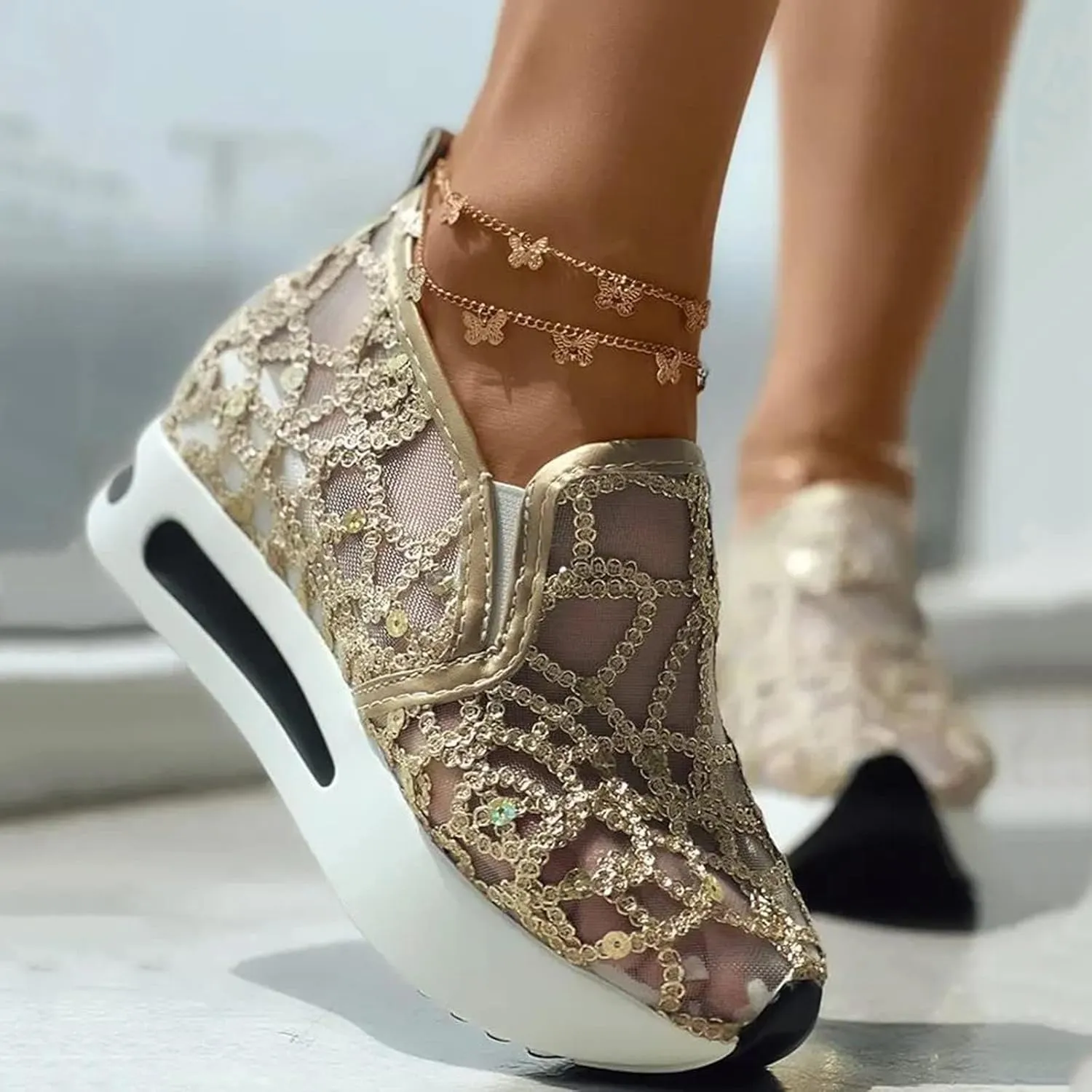 ZBYY Womens Breathable Loafers,Sequins Mesh Platform Shoes Hidden Wedge Heel High Top Sparkly Casual Sneakers Dressy