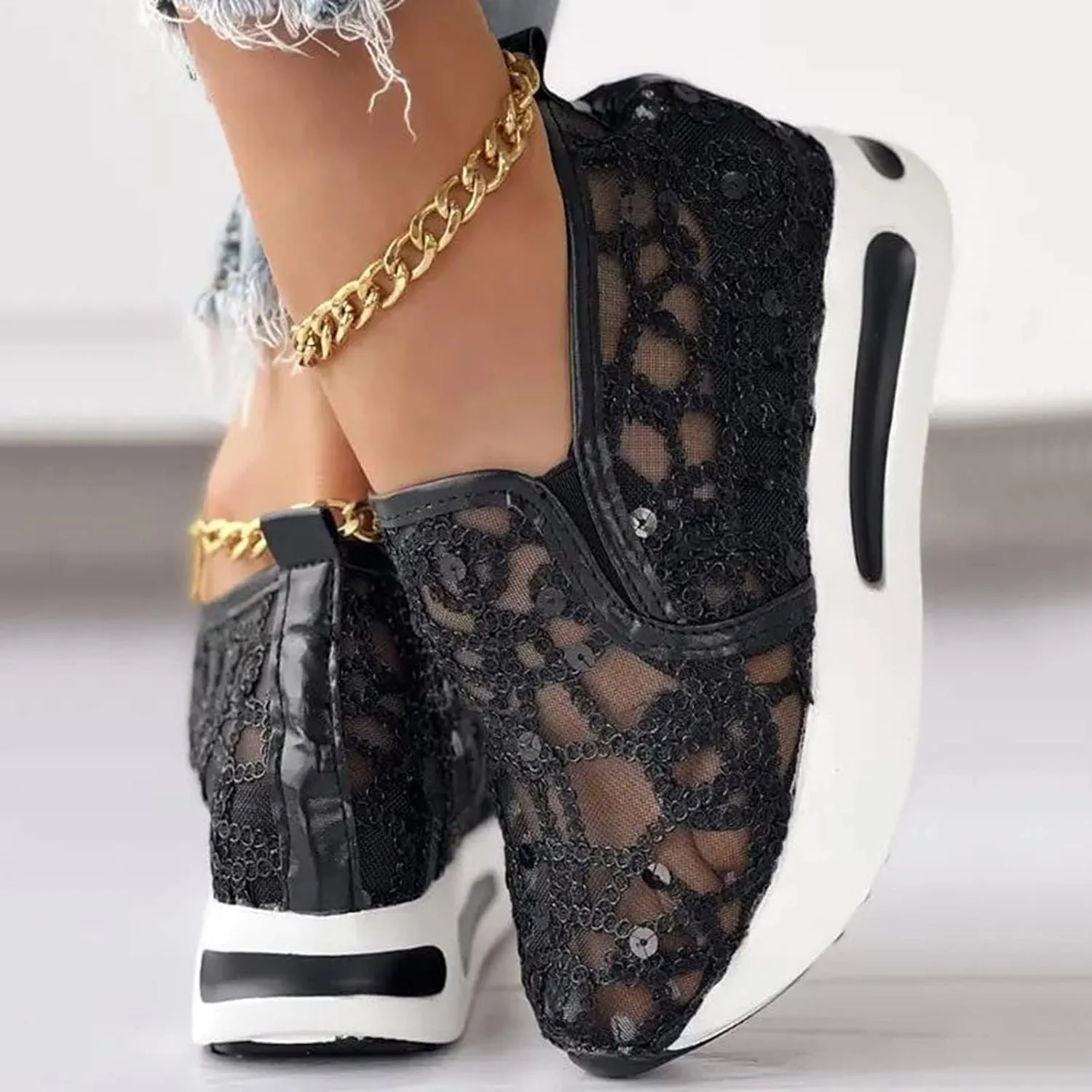 ZBYY Womens Breathable Loafers,Sequins Mesh Platform Shoes Hidden Wedge Heel High Top Sparkly Casual Sneakers Dressy
