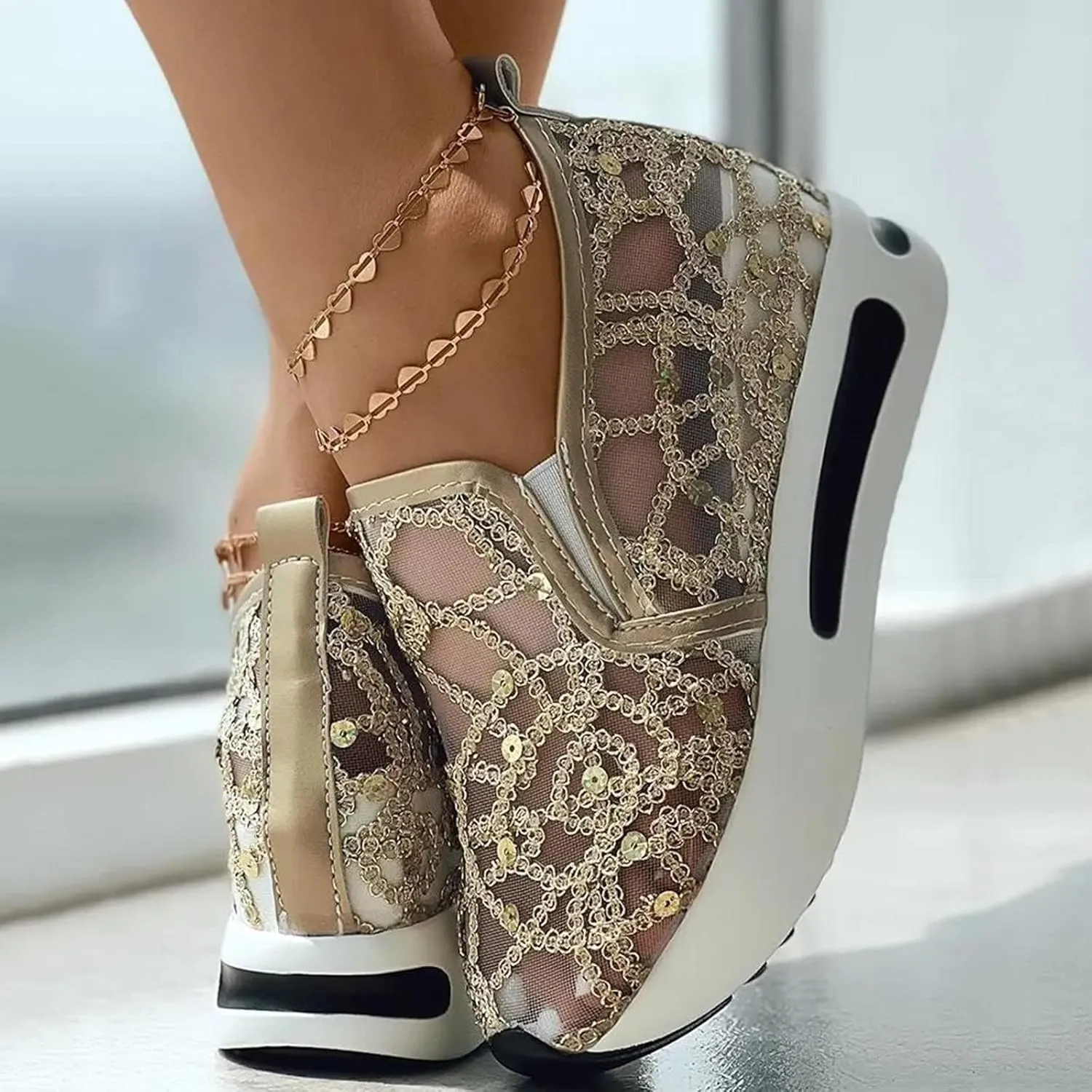 ZBYY Womens Breathable Loafers,Sequins Mesh Platform Shoes Hidden Wedge Heel High Top Sparkly Casual Sneakers Dressy
