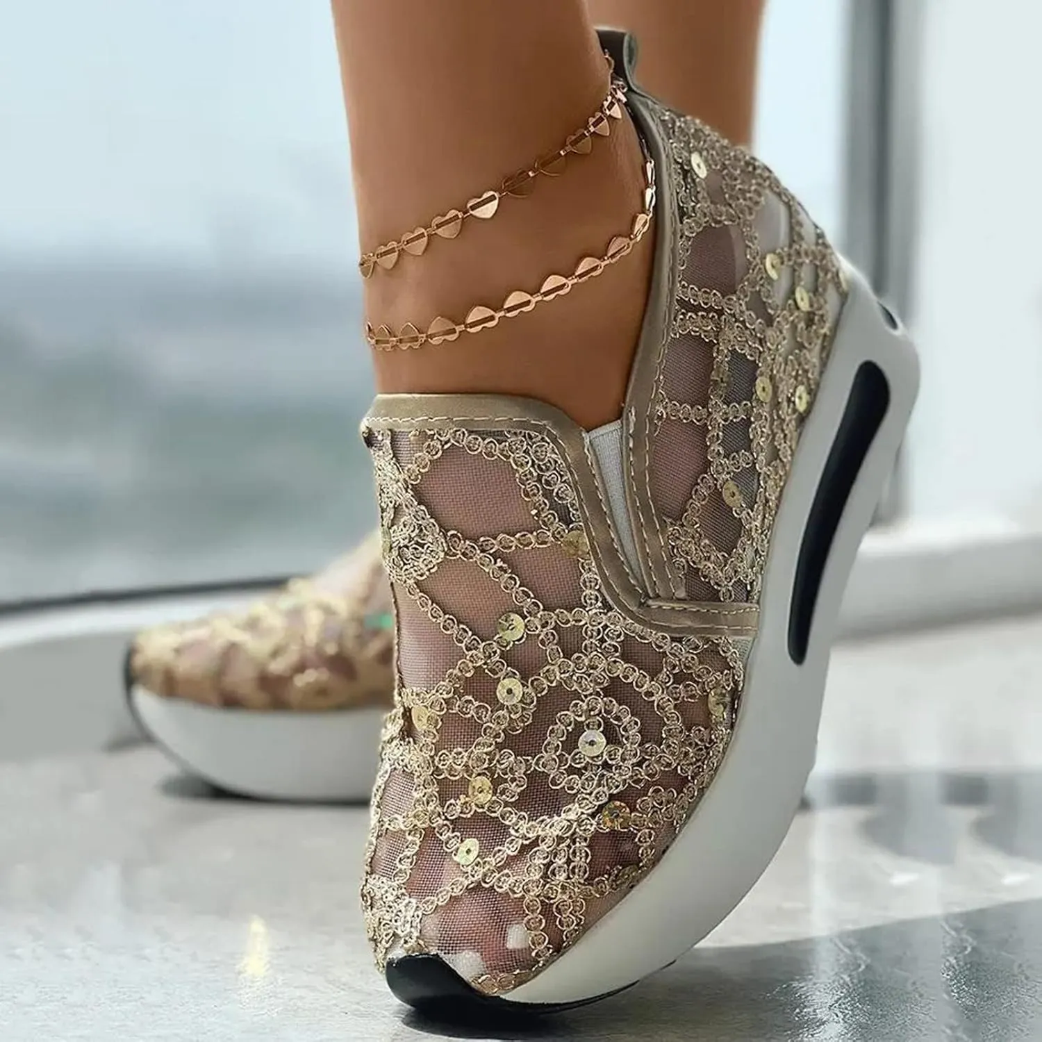 ZBYY Womens Breathable Loafers,Sequins Mesh Platform Shoes Hidden Wedge Heel High Top Sparkly Casual Sneakers Dressy