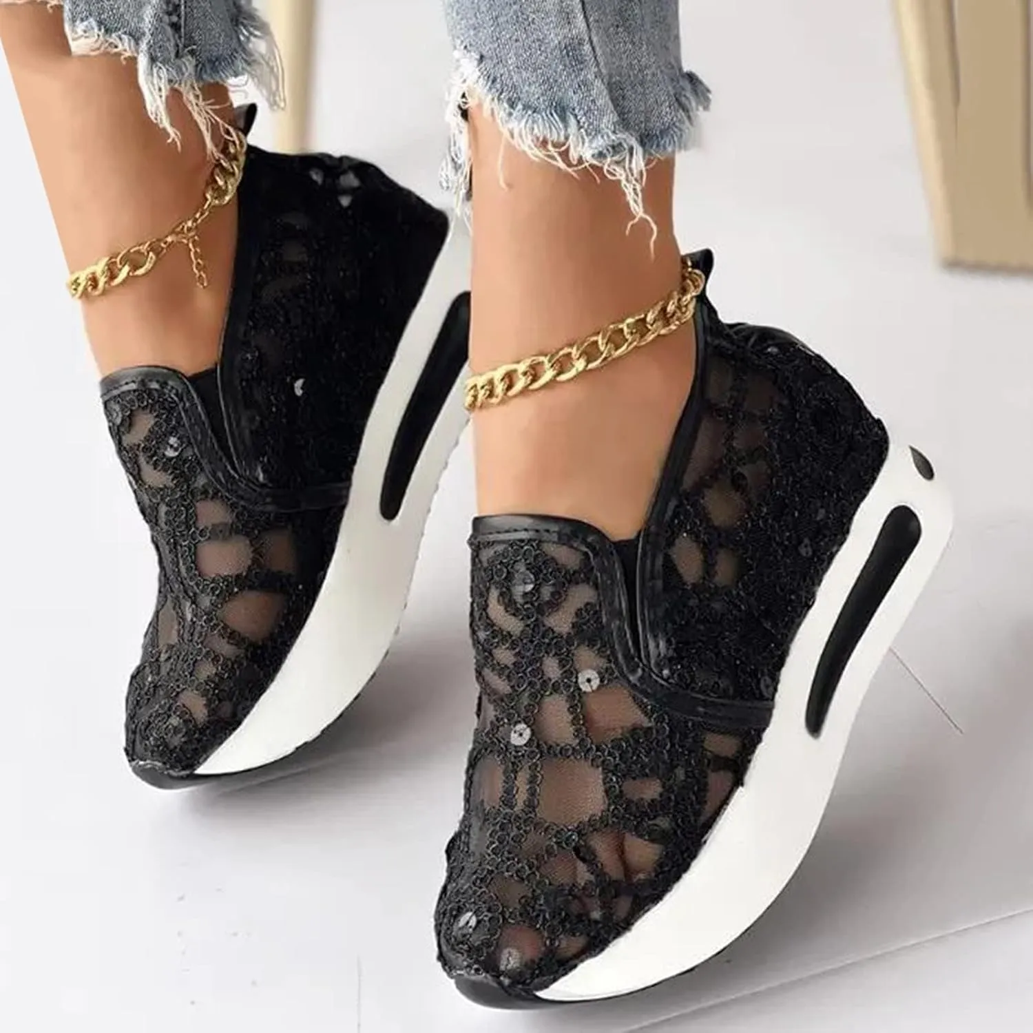 ZBYY Womens Breathable Loafers,Sequins Mesh Platform Shoes Hidden Wedge Heel High Top Sparkly Casual Sneakers Dressy