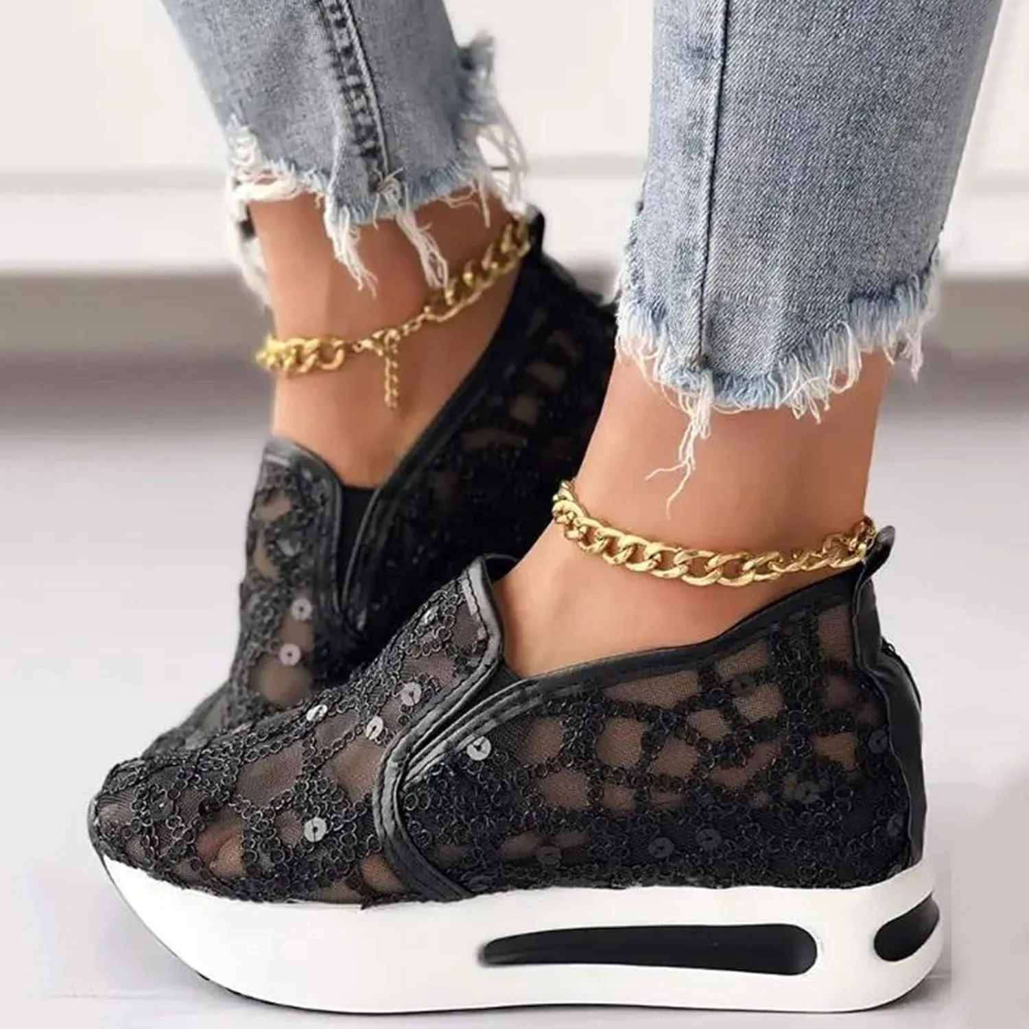 ZBYY Womens Breathable Loafers,Sequins Mesh Platform Shoes Hidden Wedge Heel High Top Sparkly Casual Sneakers Dressy