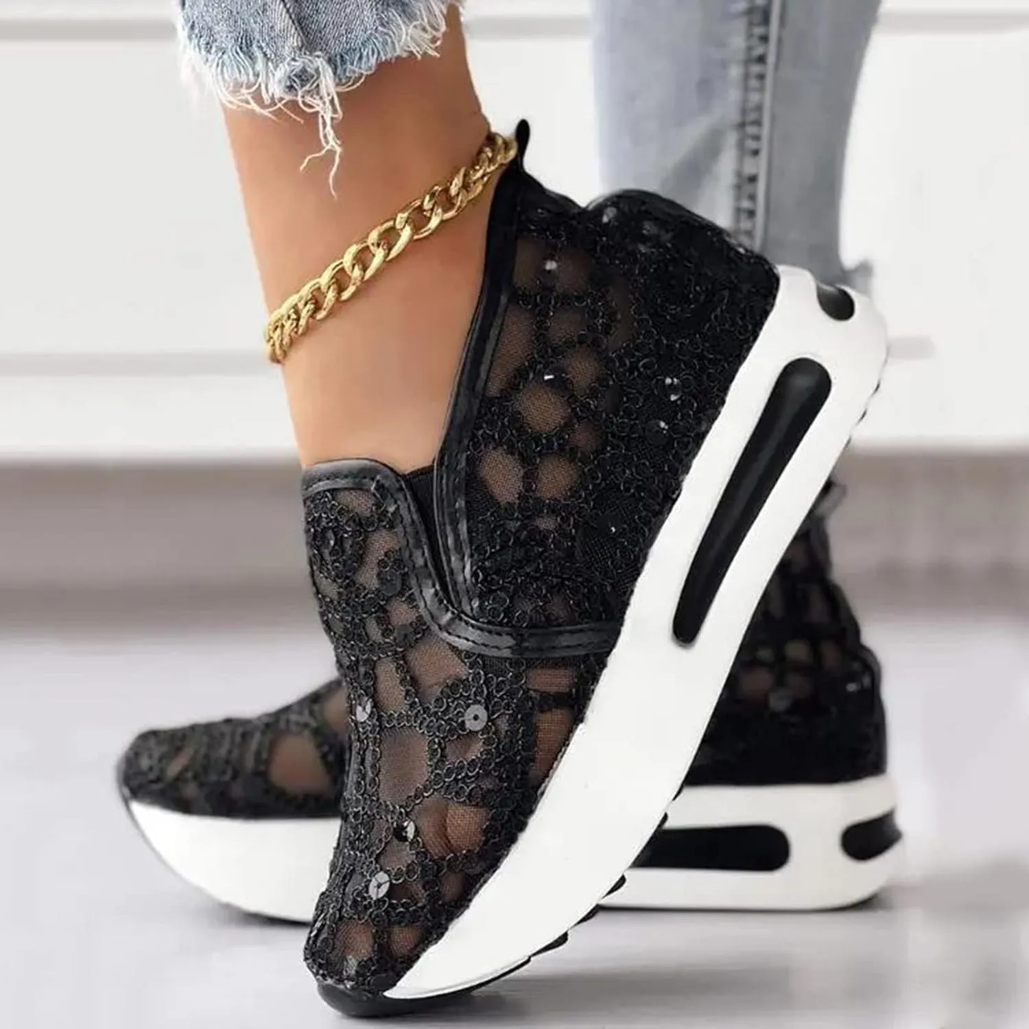 ZBYY Womens Breathable Loafers,Sequins Mesh Platform Shoes Hidden Wedge Heel High Top Sparkly Casual Sneakers Dressy