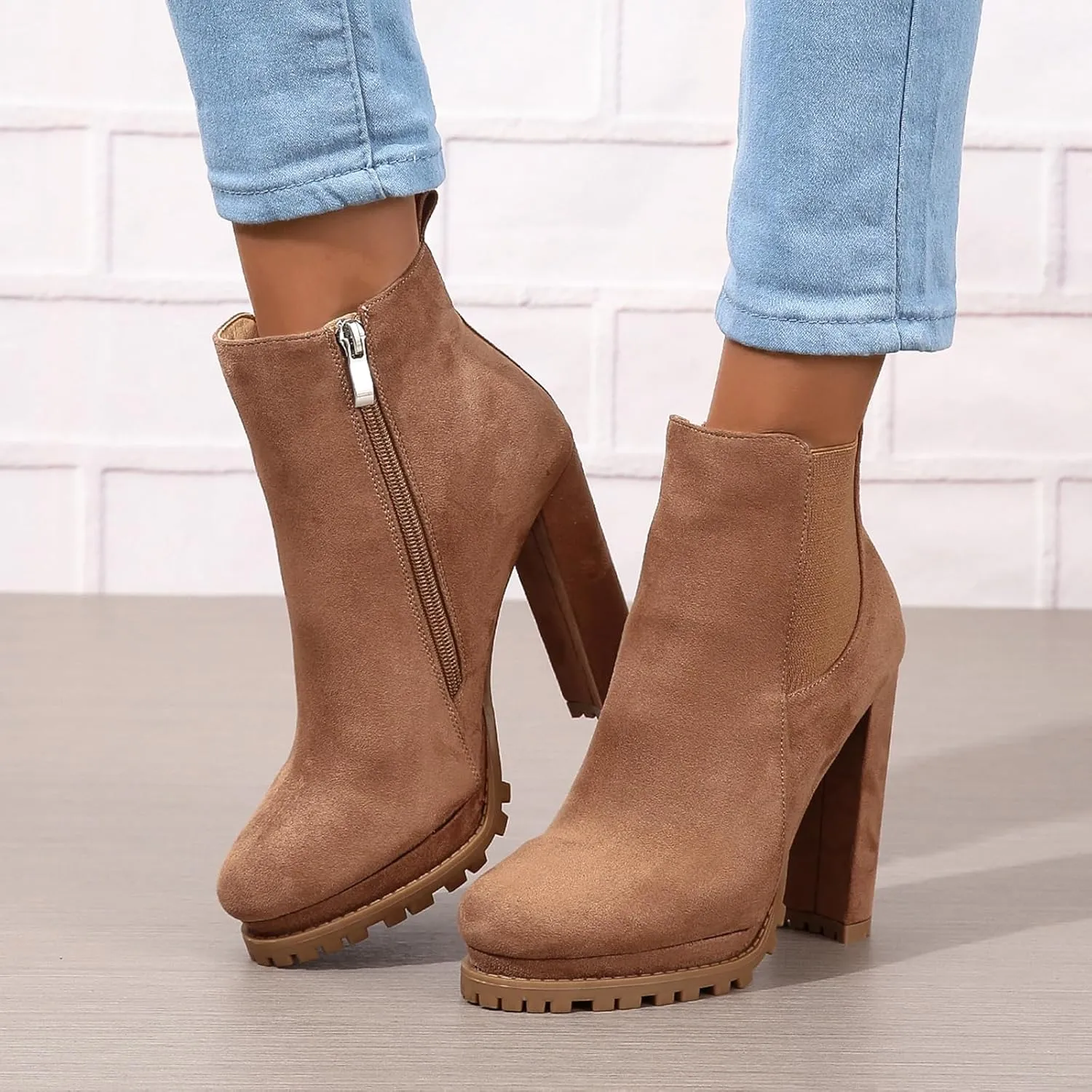 ZBYY Women's Fashion Platform Block Chunky High Heel Booties Zipper Ankle Boots Round Toe High Heel Combat Boots