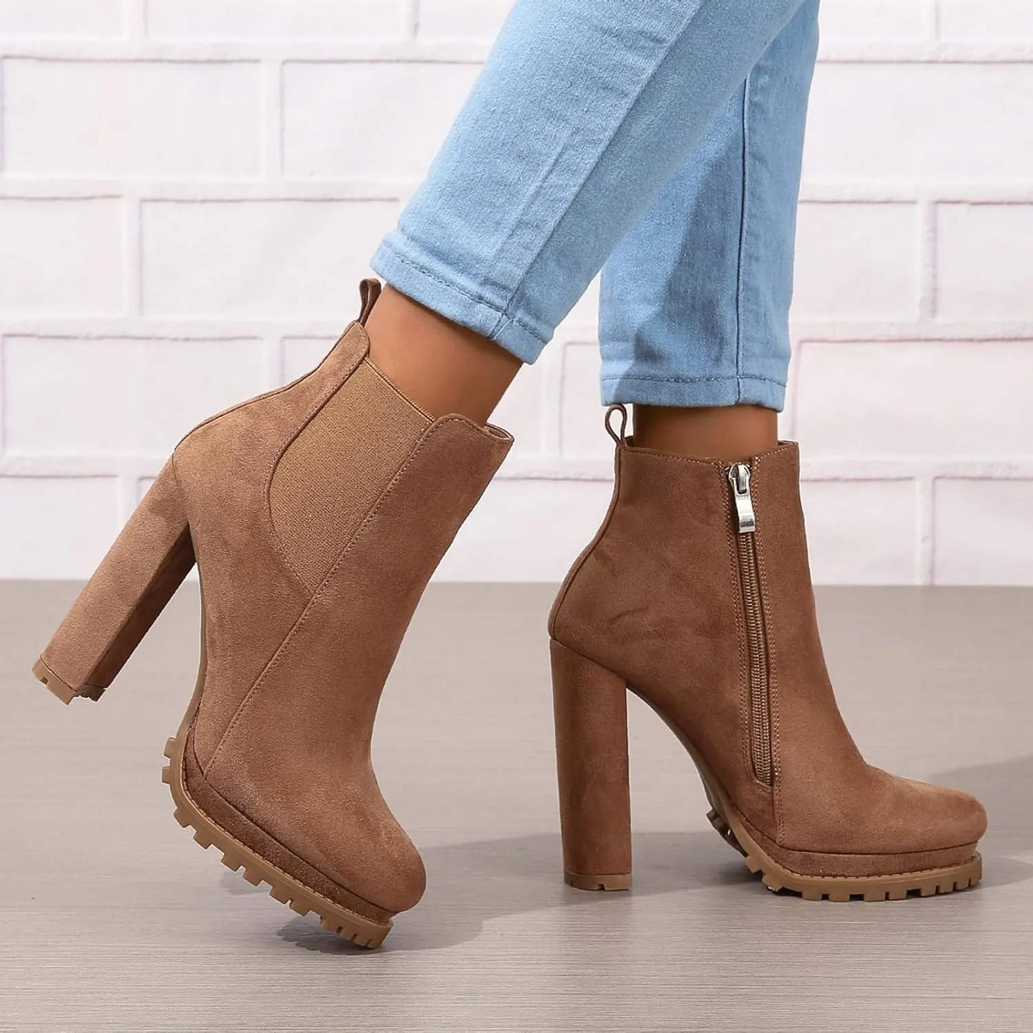 ZBYY Women's Fashion Platform Block Chunky High Heel Booties Zipper Ankle Boots Round Toe High Heel Combat Boots