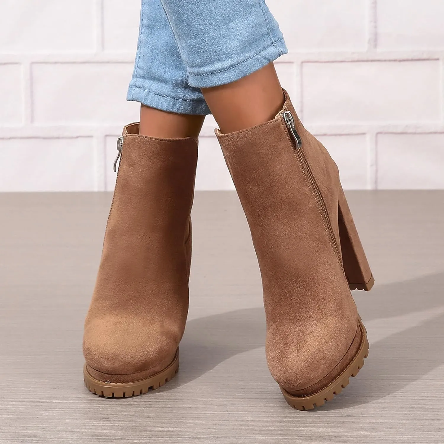 ZBYY Women's Fashion Platform Block Chunky High Heel Booties Zipper Ankle Boots Round Toe High Heel Combat Boots