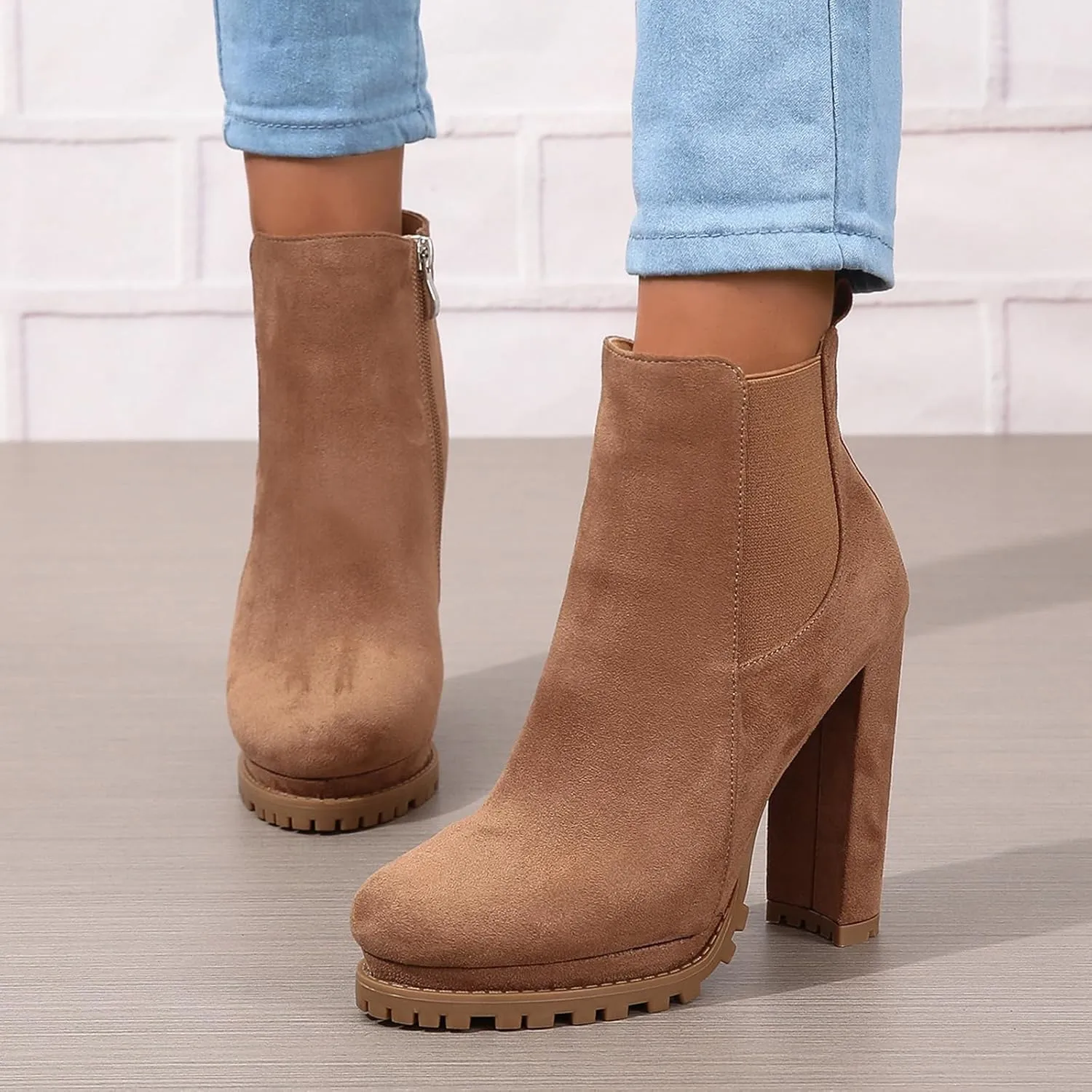 ZBYY Women's Fashion Platform Block Chunky High Heel Booties Zipper Ankle Boots Round Toe High Heel Combat Boots