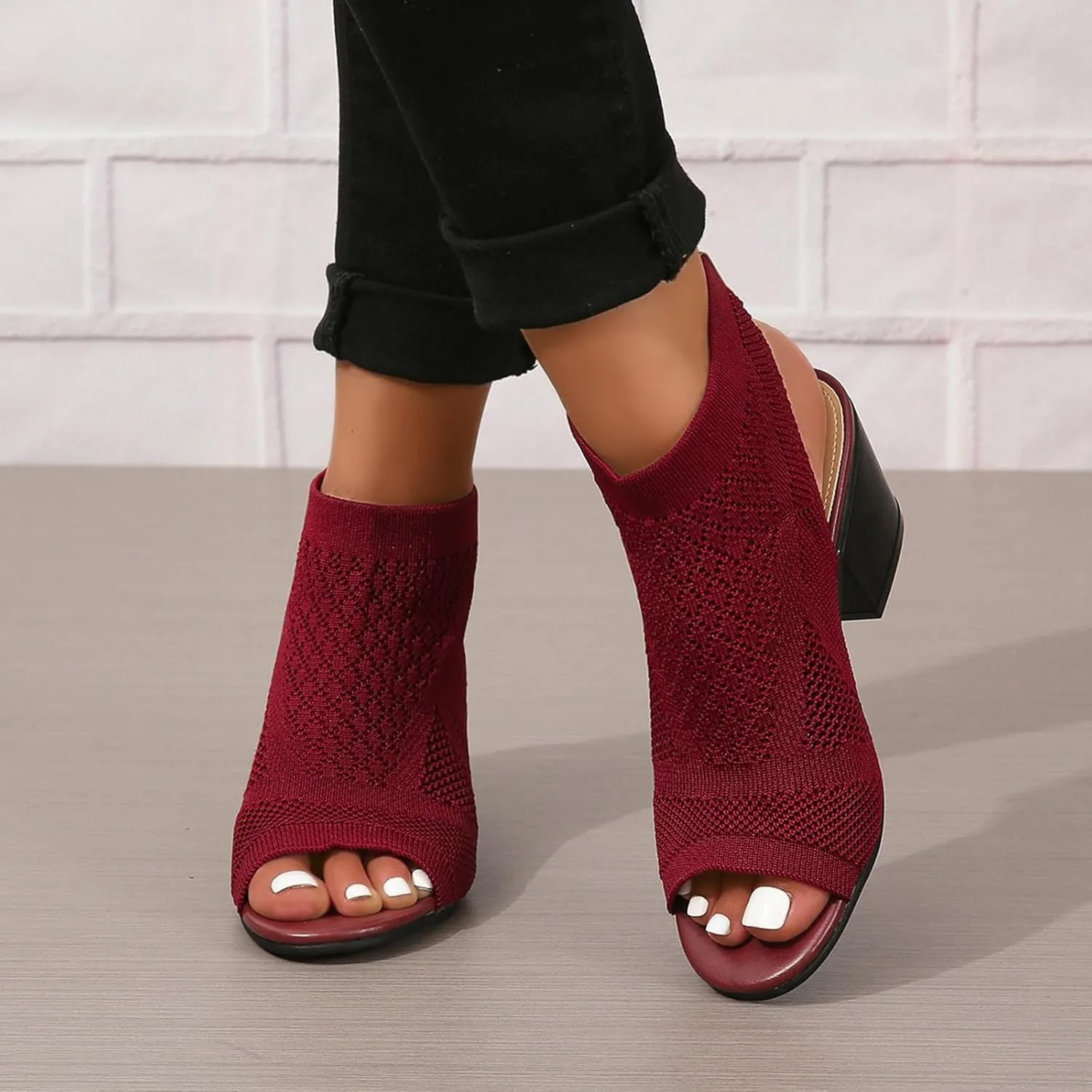 ZBYY Women's Knit Chunky Block High Heels Slingback Cut Out Peep Toe Chunky Stacked Heel Ankle Booties