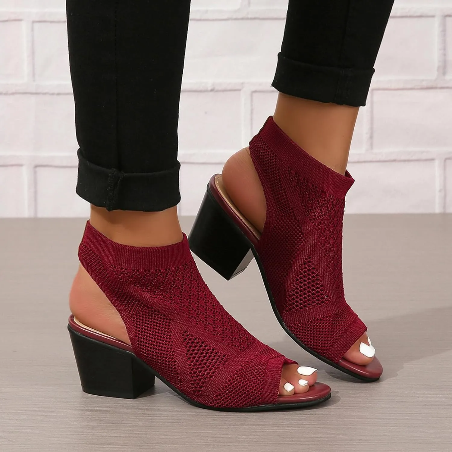 ZBYY Women's Knit Chunky Block High Heels Slingback Cut Out Peep Toe Chunky Stacked Heel Ankle Booties