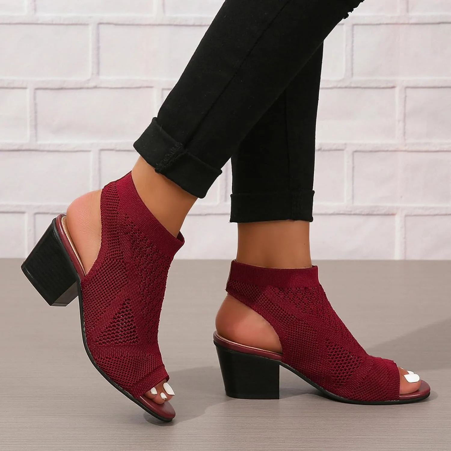 ZBYY Women's Knit Chunky Block High Heels Slingback Cut Out Peep Toe Chunky Stacked Heel Ankle Booties