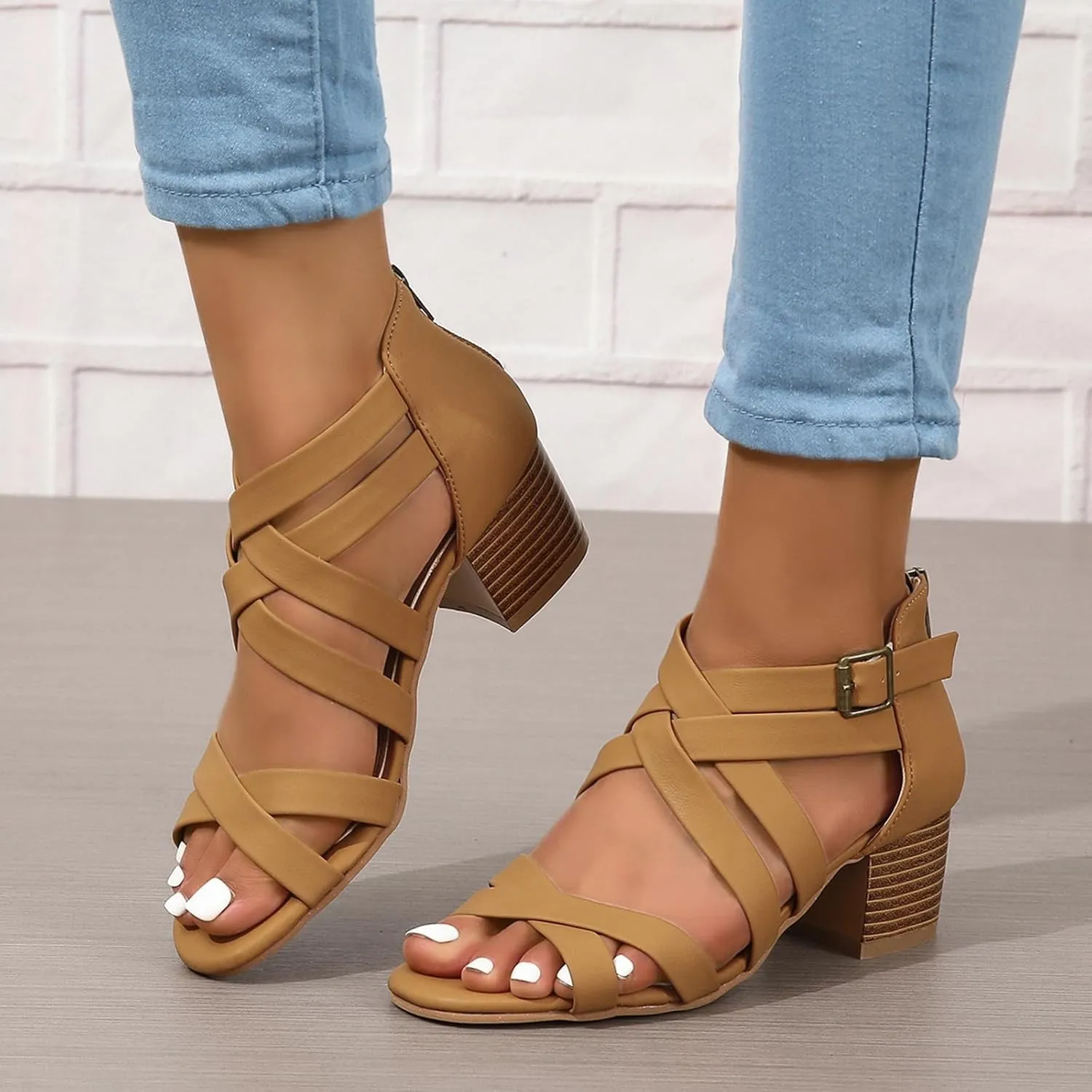 ZBYY Women's Low Chunky Heels Dress Pump Open Toe Cross Ankle Strap Wedding Block Heeled Sandals