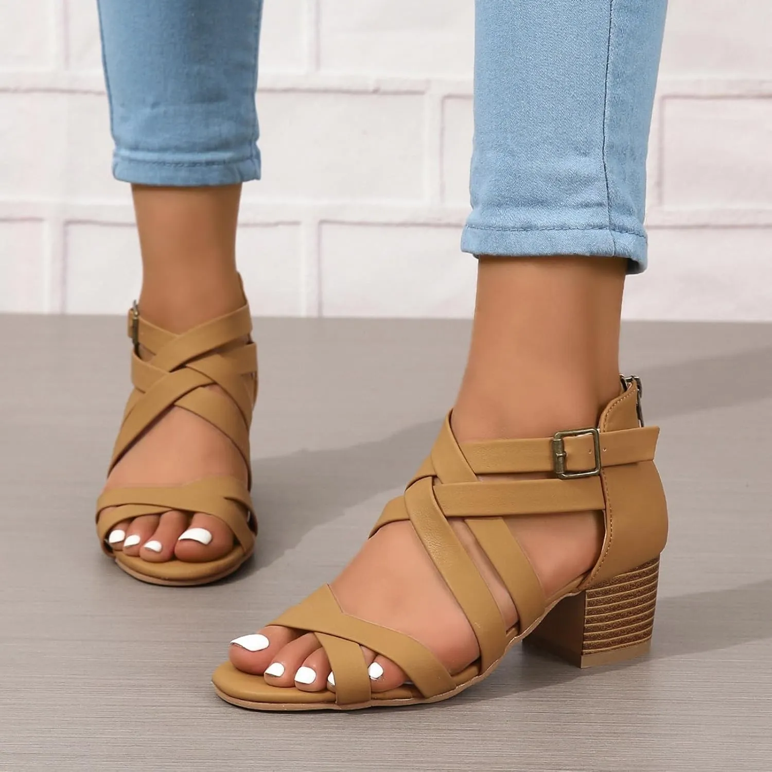 ZBYY Women's Low Chunky Heels Dress Pump Open Toe Cross Ankle Strap Wedding Block Heeled Sandals