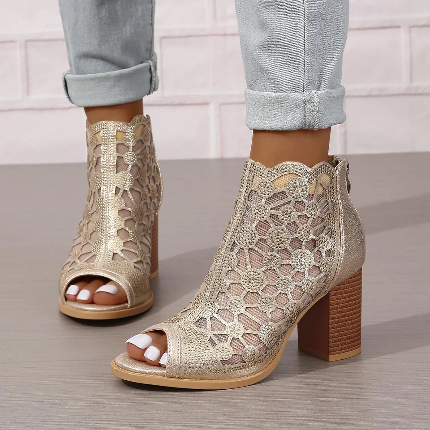 ZBYY Womens Peep Toe Heel Sandal Rhinestones Chunky High Heel Sandals Wedding Party Sexy Dress Wedding Pumps Booties