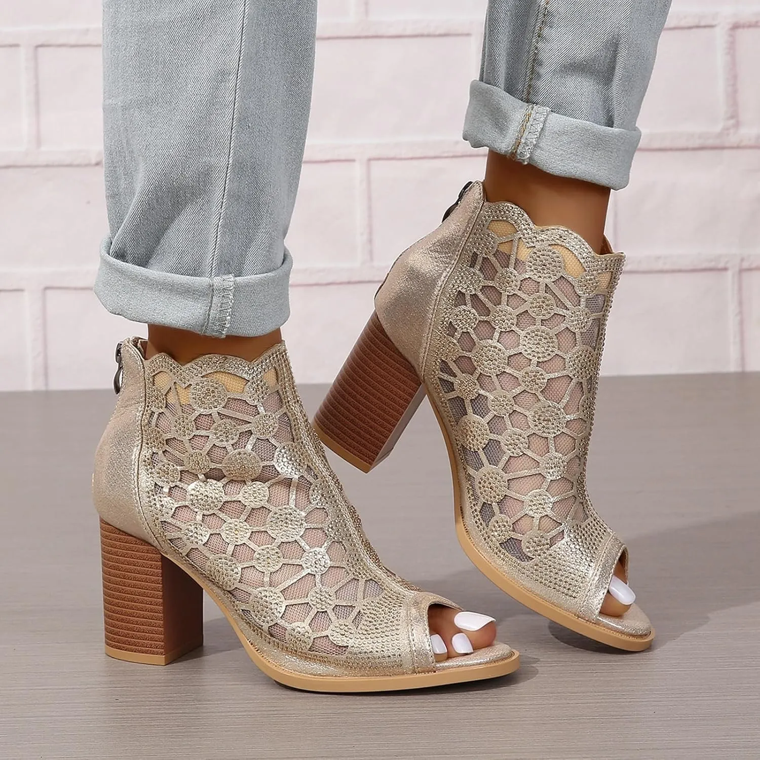 ZBYY Womens Peep Toe Heel Sandal Rhinestones Chunky High Heel Sandals Wedding Party Sexy Dress Wedding Pumps Booties