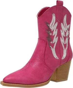 ZBYY Women's Western Cowboy Cowgirl Ankle Booties Embroidered Pointed Toe Chunky Heel Zipper Pull on Fashion Western Booties