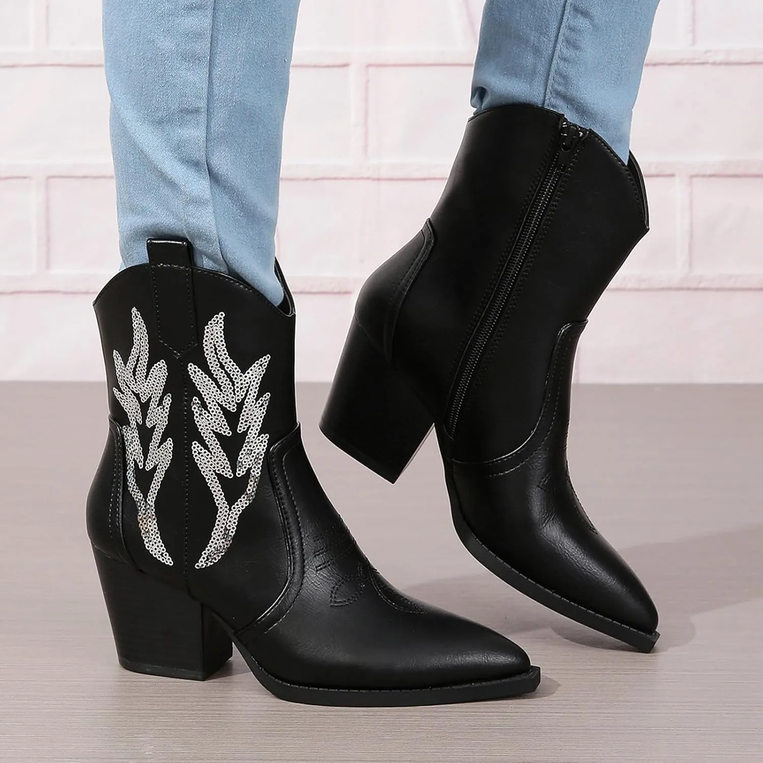 ZBYY Women's Western Cowboy Cowgirl Ankle Booties Embroidered Pointed Toe Chunky Heel Zipper Pull on Fashion Western Booties